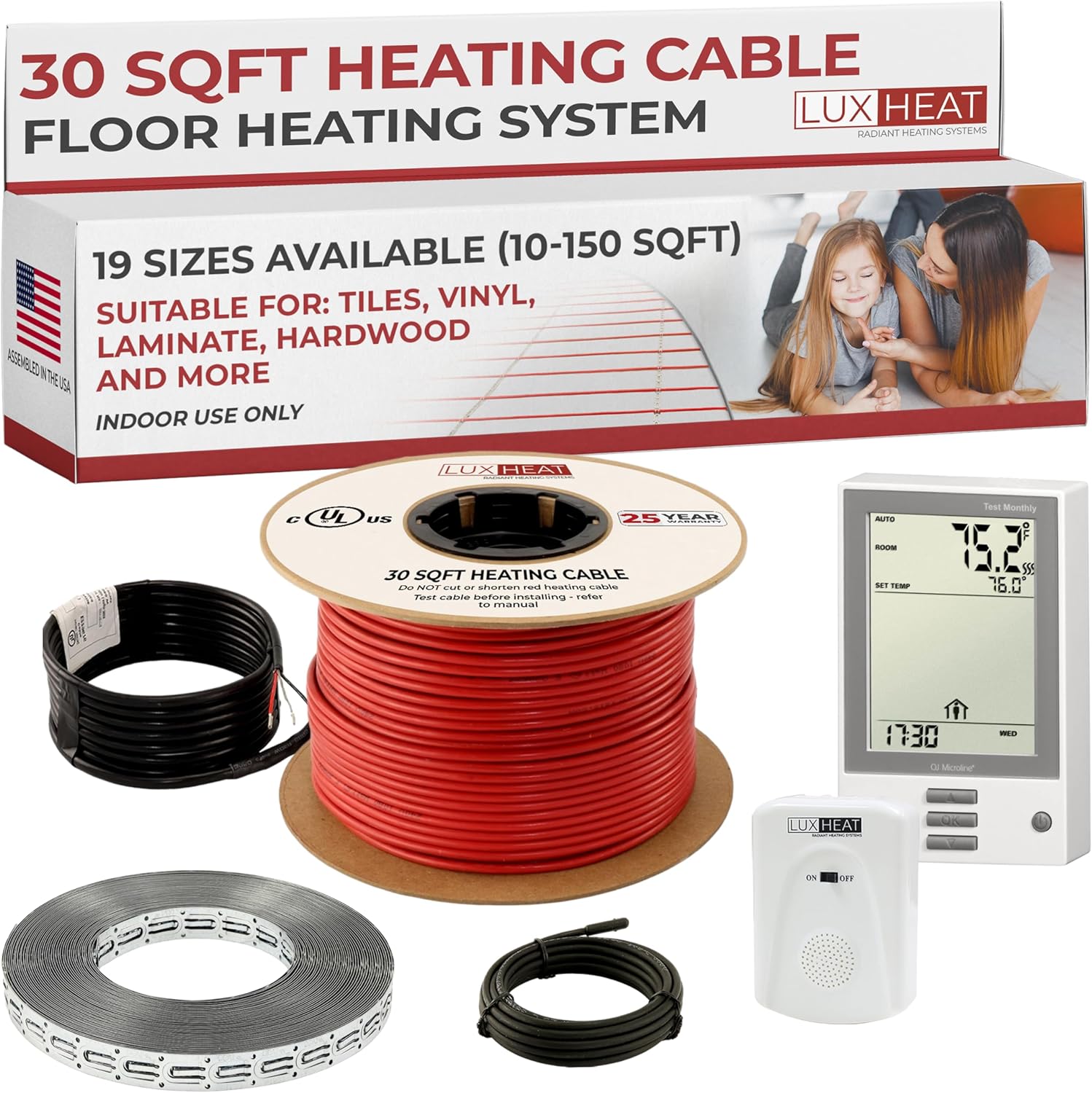 LuxHeat 30sqft Floor Heating Cable Kit - 120v Under Tile Floor Heating System - Heated Flooring System for Vinyl - Includes UDG Programmable Thermostat w/GFCI, Heated Cable, Strapping, Sensor & Alarm