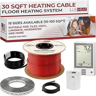 LuxHeat 30sqft Floor Heating Cable Kit - 120v Under Tile Floor Heating System - Heated Flooring System for Vinyl - Includes UDG Programmable Thermostat w/GFCI, Heated Cable, Strapping, Sensor & Alarm