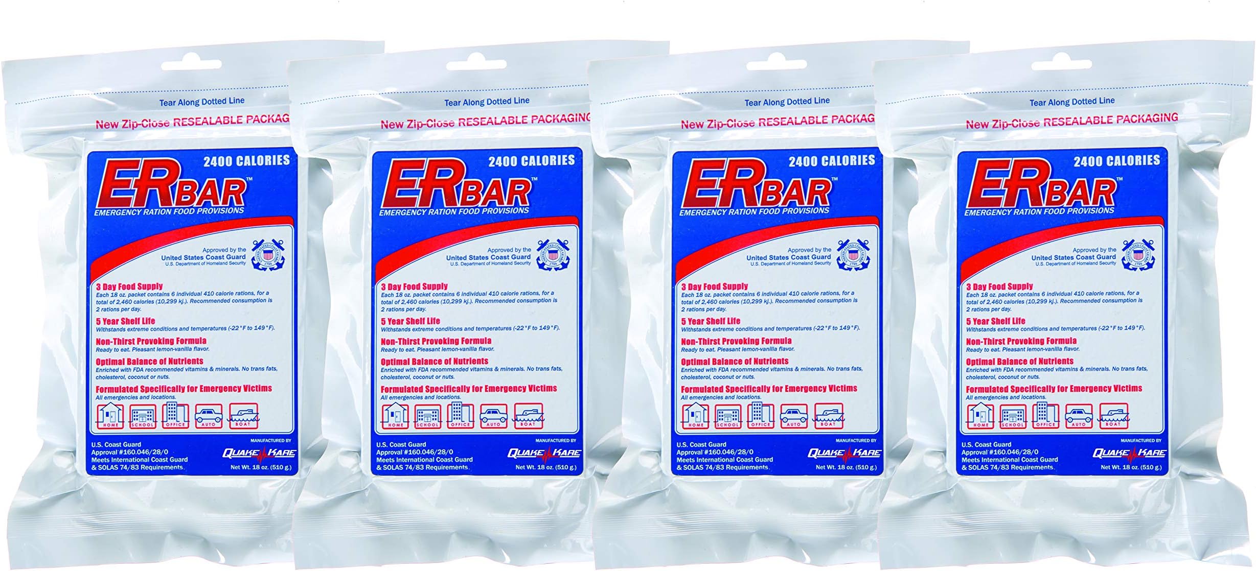 ER Emergency Ration 2400 Calorie Food Bar for Survival Kits and Disaster Preparedness, 4 Pack, 1AQK-4P