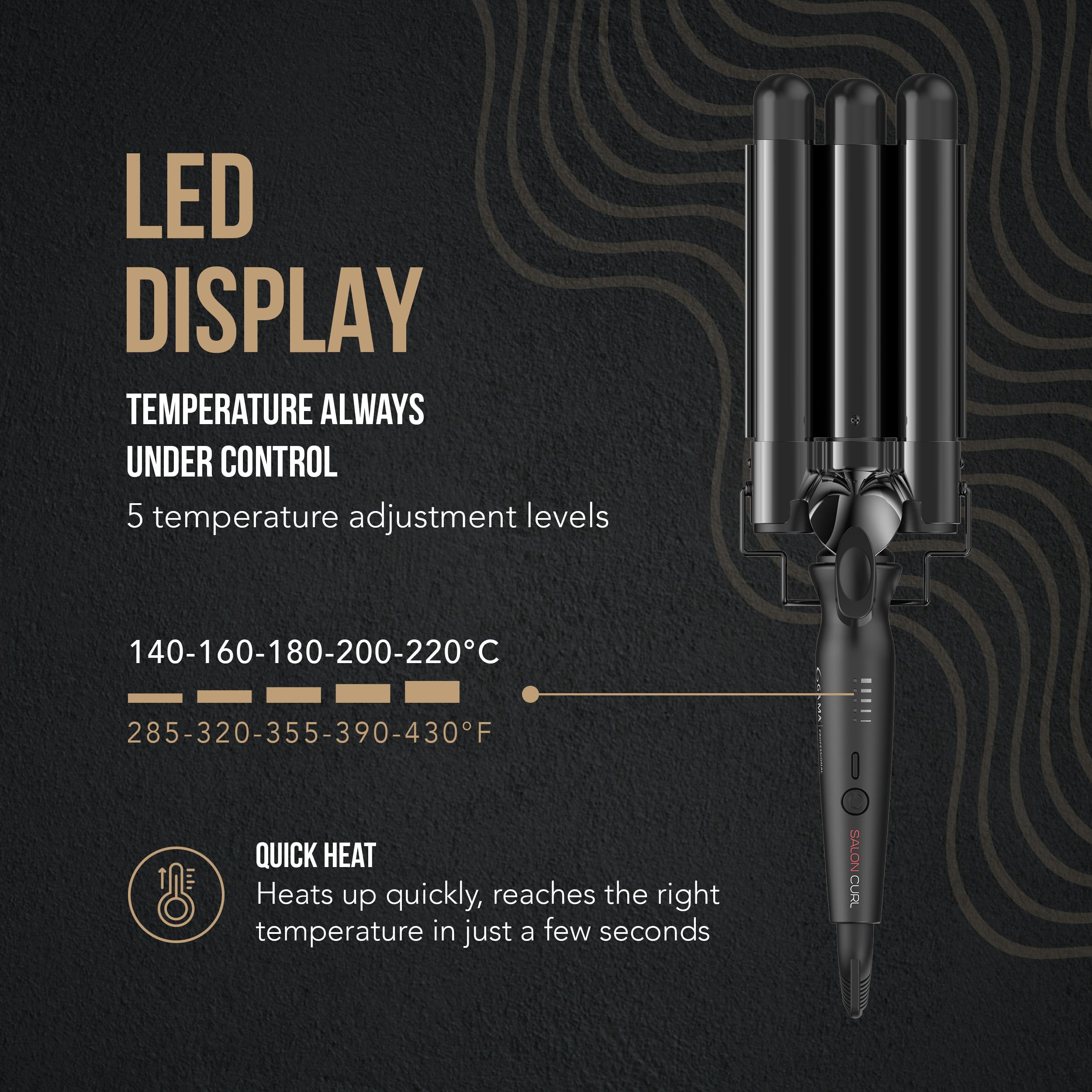 GA.MA Salon Curl Triferro Hair Waver, Silk Chrome Titanium 1" Triple Barrel Deep Waver with Anti-Frizz Coating, Adjustable 285–430° F Styling Tool