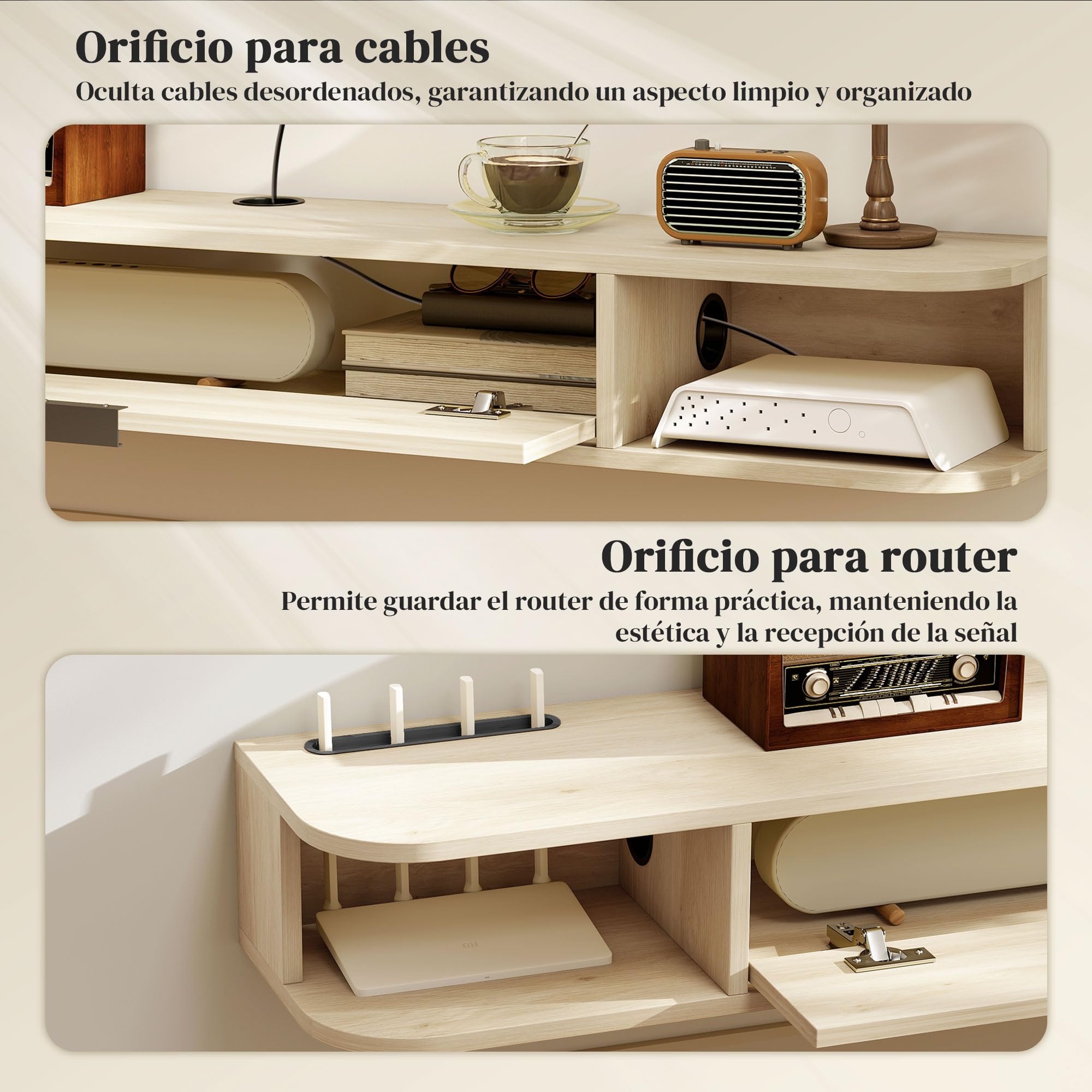 HOMCOM Mueble de TV Suspendido, Mueble de TV para Salón con Cajón Abatible, 2 Estantes Abiertos, Gestión de Cables, Estilo Moderno, para Televisión 60 Pulgadas, 140x24x16 cm, Madera Natural