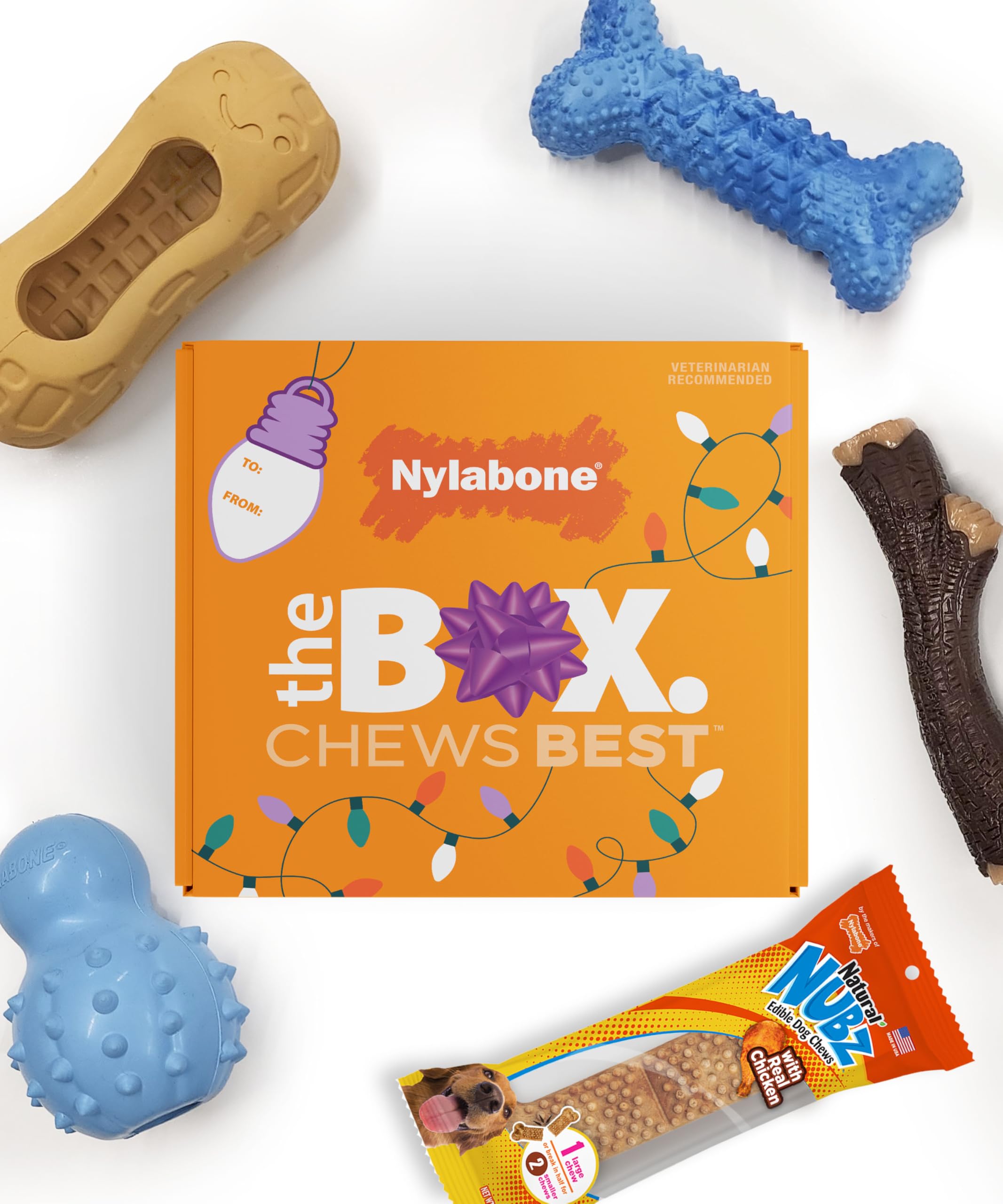 Nylabone Dog Gift Box, Includes 4 Rubber Strong Chew Toys and 1 Natural Treat, Gifts for Dogs, Small - Up to 25 lbs, 5 Pack