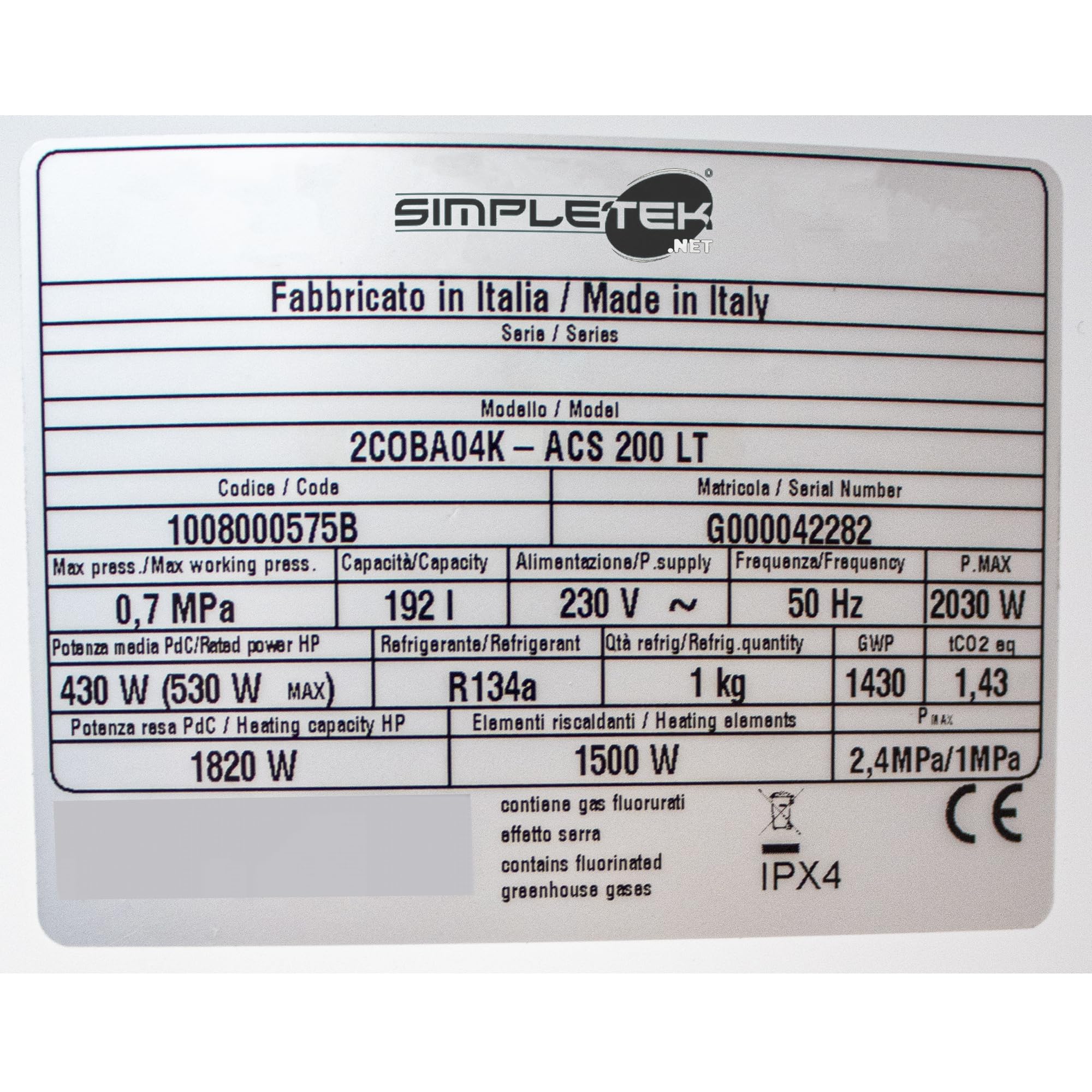 SIMPLETEK - Boiler 200 lt con Pompa di Calore Integrata Scaldacqua Elettrico per Pannelli Solari 1820W Ideale per Fotovoltaico Ecologico Domestico