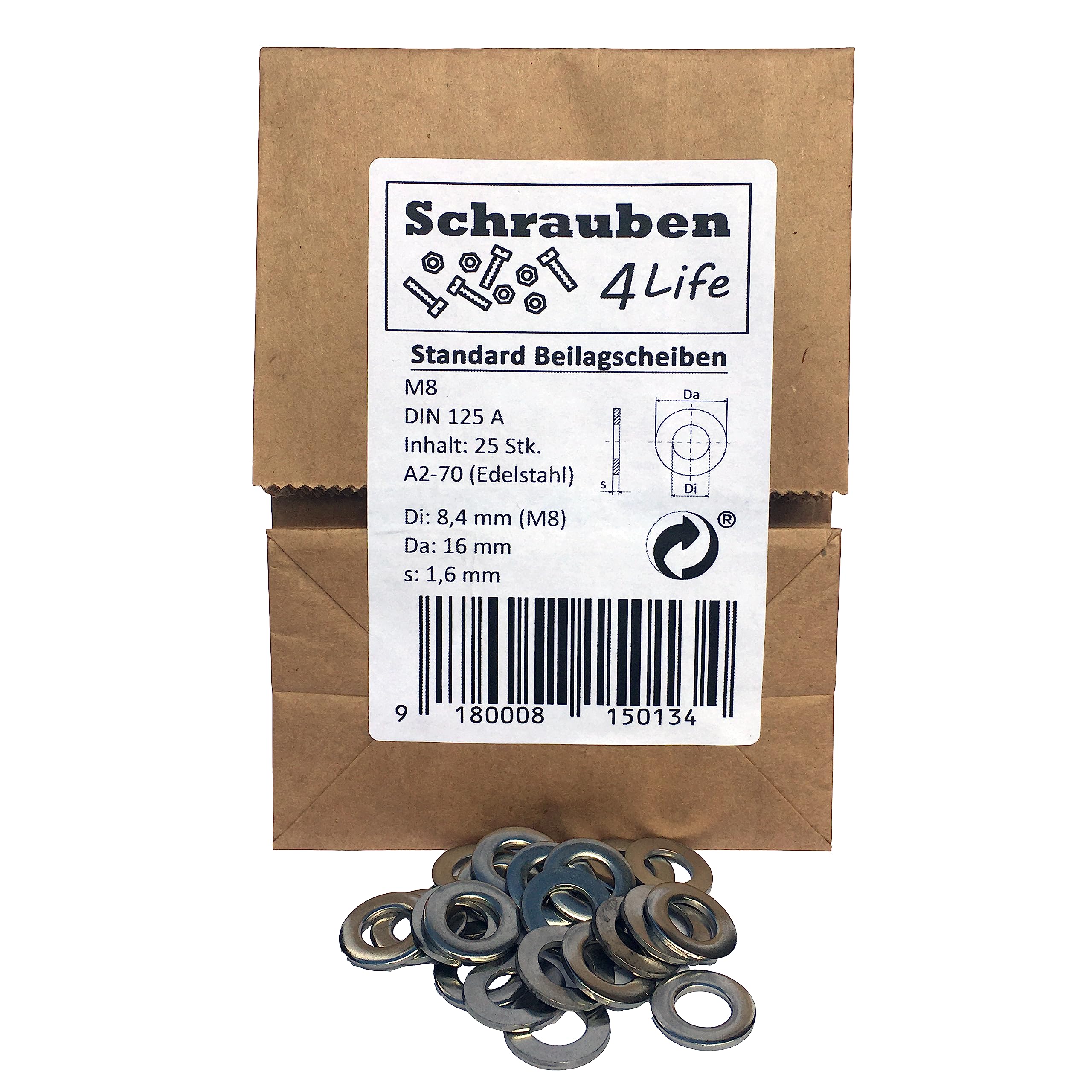 Standard Washers M8 Stainless Steel Pack of 25, Plastic-Free Packaging Schrauben4Life, A2-70, DIN125 Stainless Steel