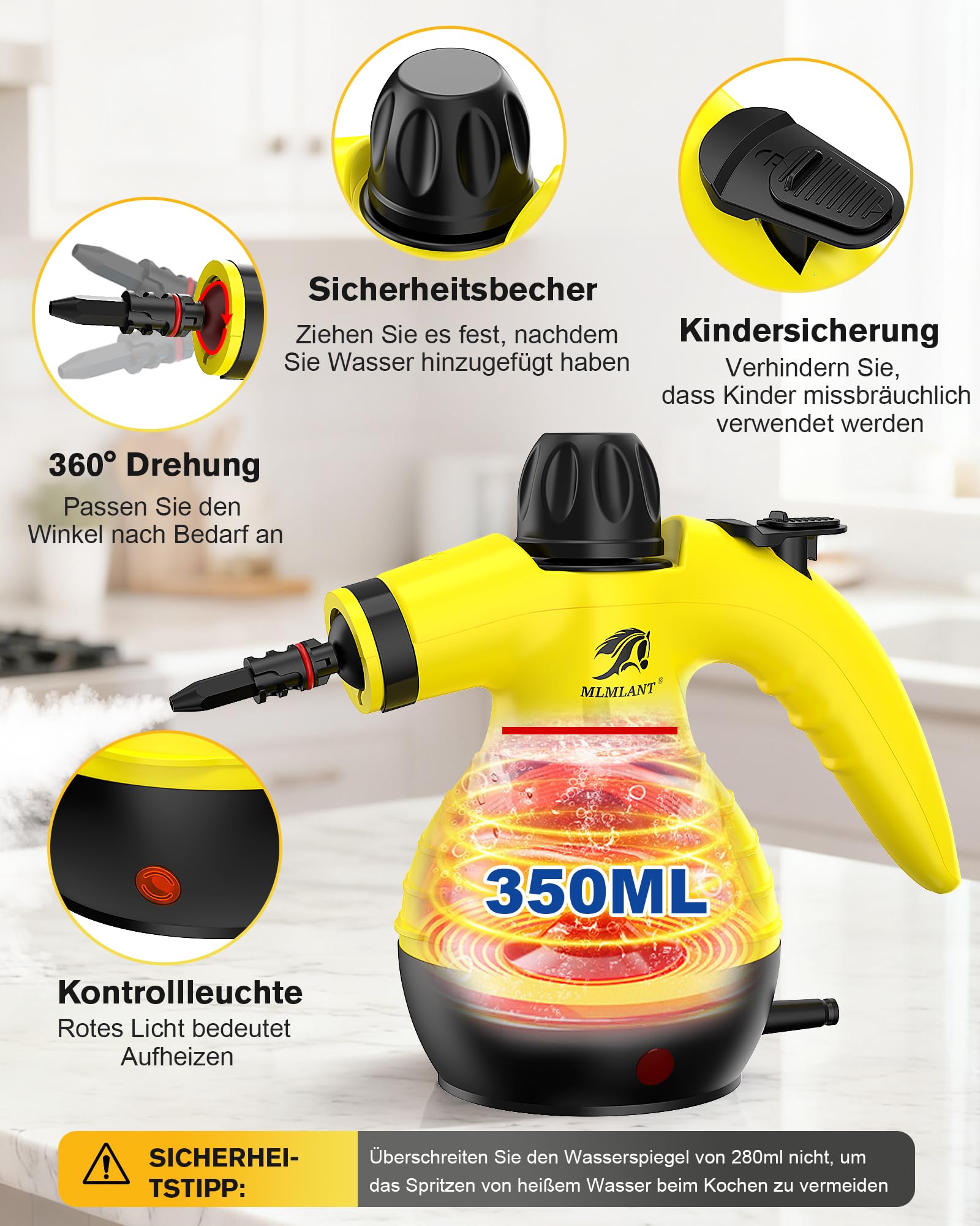 MLMLANT Dampfreiniger, Handdampfreiniger Mit Sicherheitsverriegelung und 9-teiligem Zubehörset, geeignet für Teppiche, Autositze, Sofas, Polstermöbel und mehr.