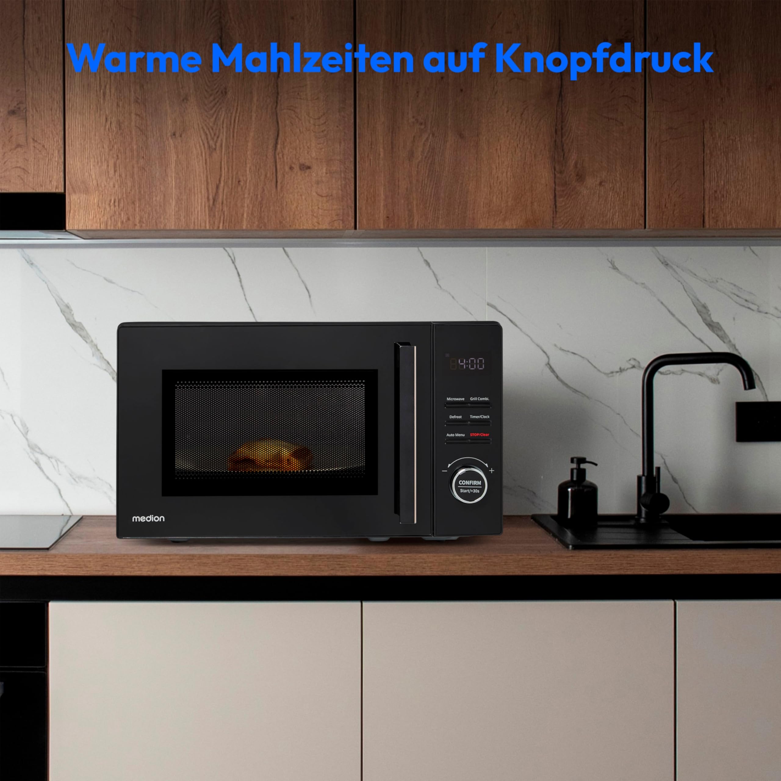 MEDION Mikrowelle klein mit Grill (20 Liter, 800 Watt, 1000 Watt Grill, 8 Automatik-Programme inkl. Auftaufunktion, 5 Leistungsstufen, 95 Minuten Timer, Drehteller, MD12021) schwarz