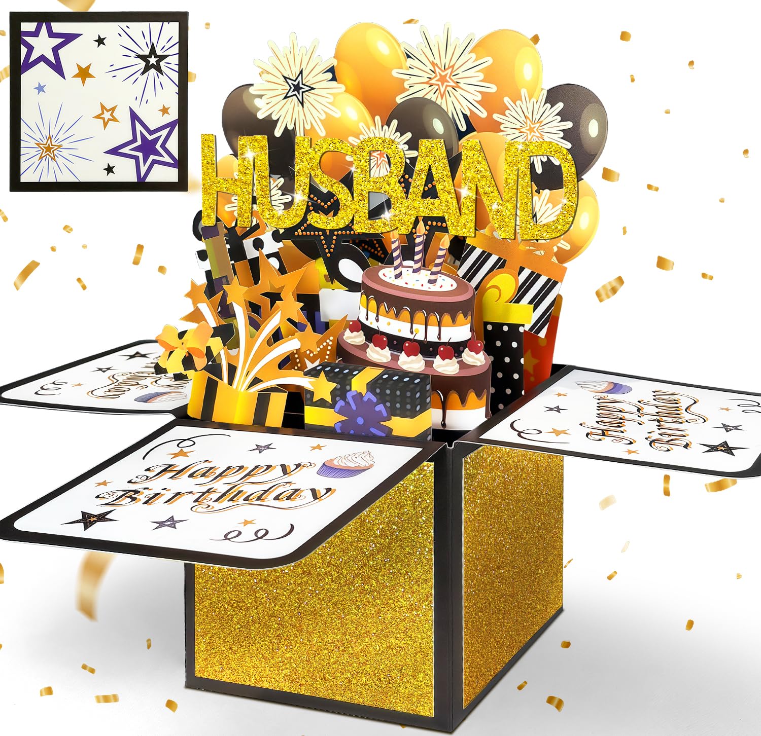 Happivue Husband Birthday Card from Wife, 3D Black Gold Pop Up Birthday Card for Husband, Popup Gifts Box Greeting Card Happy Birthday Decorations Gifts for Him — image 1