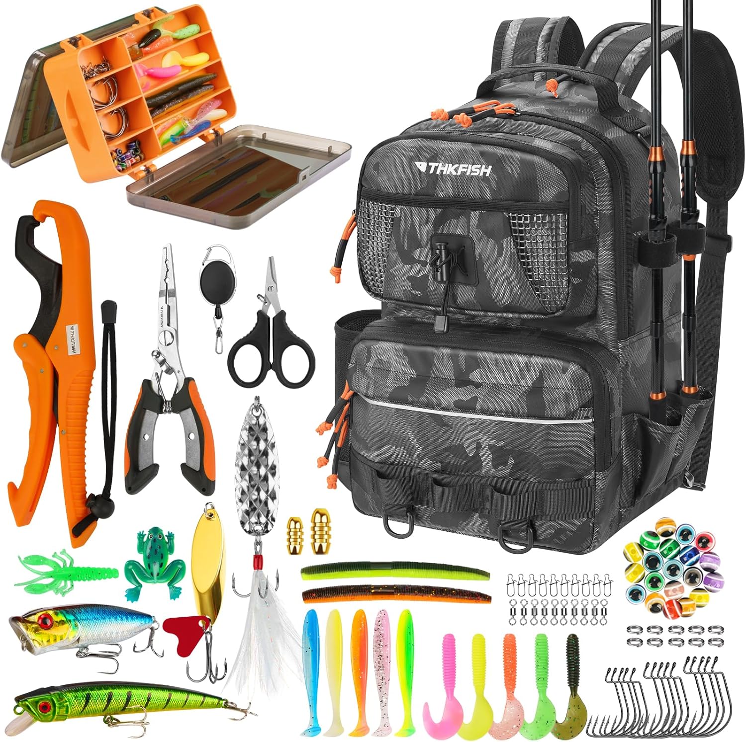 THKFISH Fishing Backpack with Tackle Boxes, 20L Waterproof Tackle Sling Bag with Lures Kit, Fish Lip Gripper, Pliers, Scissors, Fishing Gifts for Men Women
