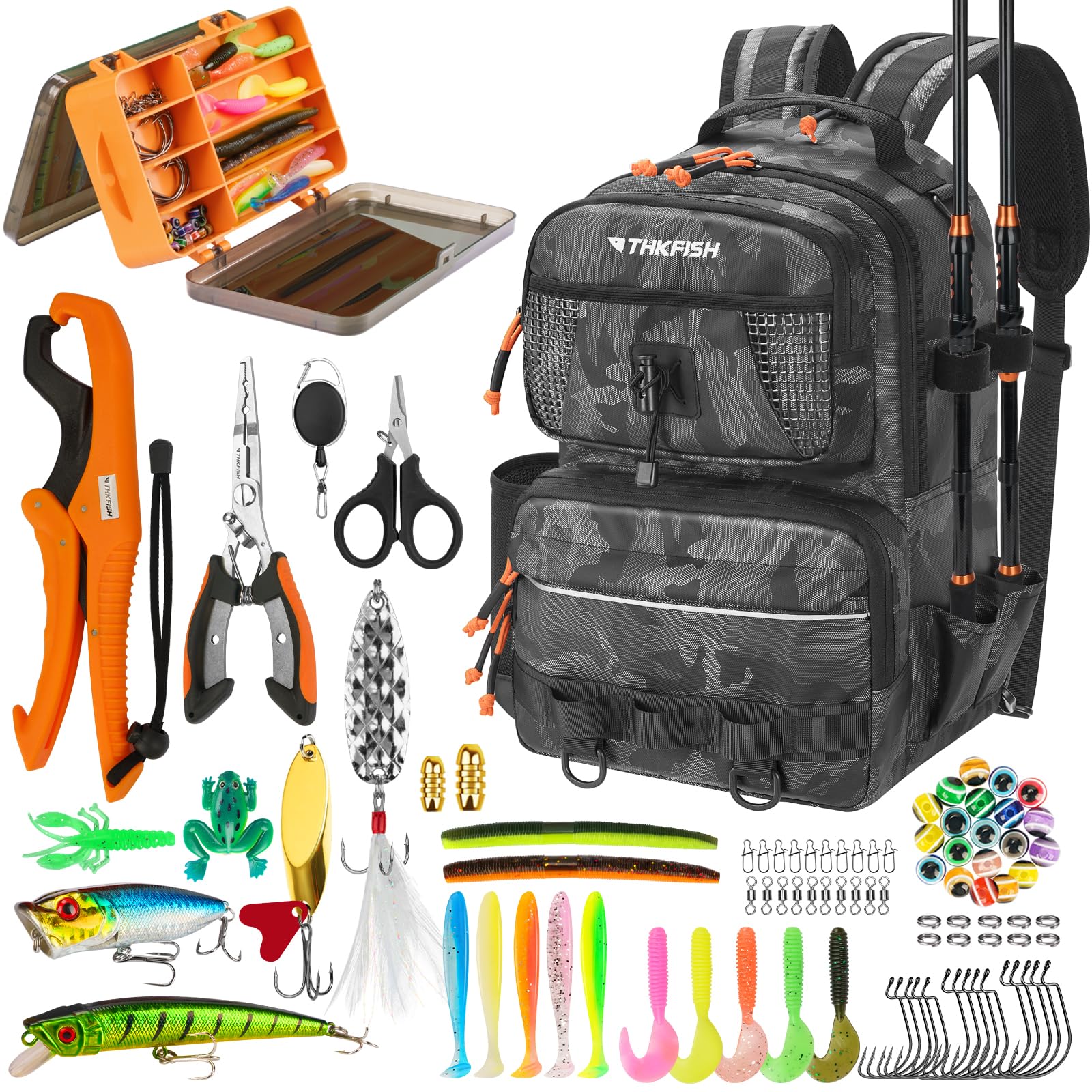 THKFISH Set di esche da pesca con scatola per esca, tessuto Oxford 600D, impermeabile, con scomparto regolabile, per attrezzi da pesca, campeggio, escursionismo, viaggi, mimetico
