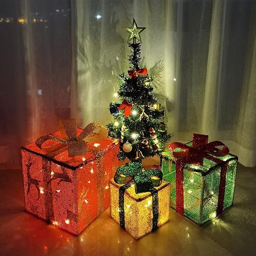 Miniatura 3 de Cajas de Navidad iluminadas, juego de 3 cajas de regalo iluminadas de Navidad, 60 cajas de regalo LED, decoraciones para interiores y exteriores con