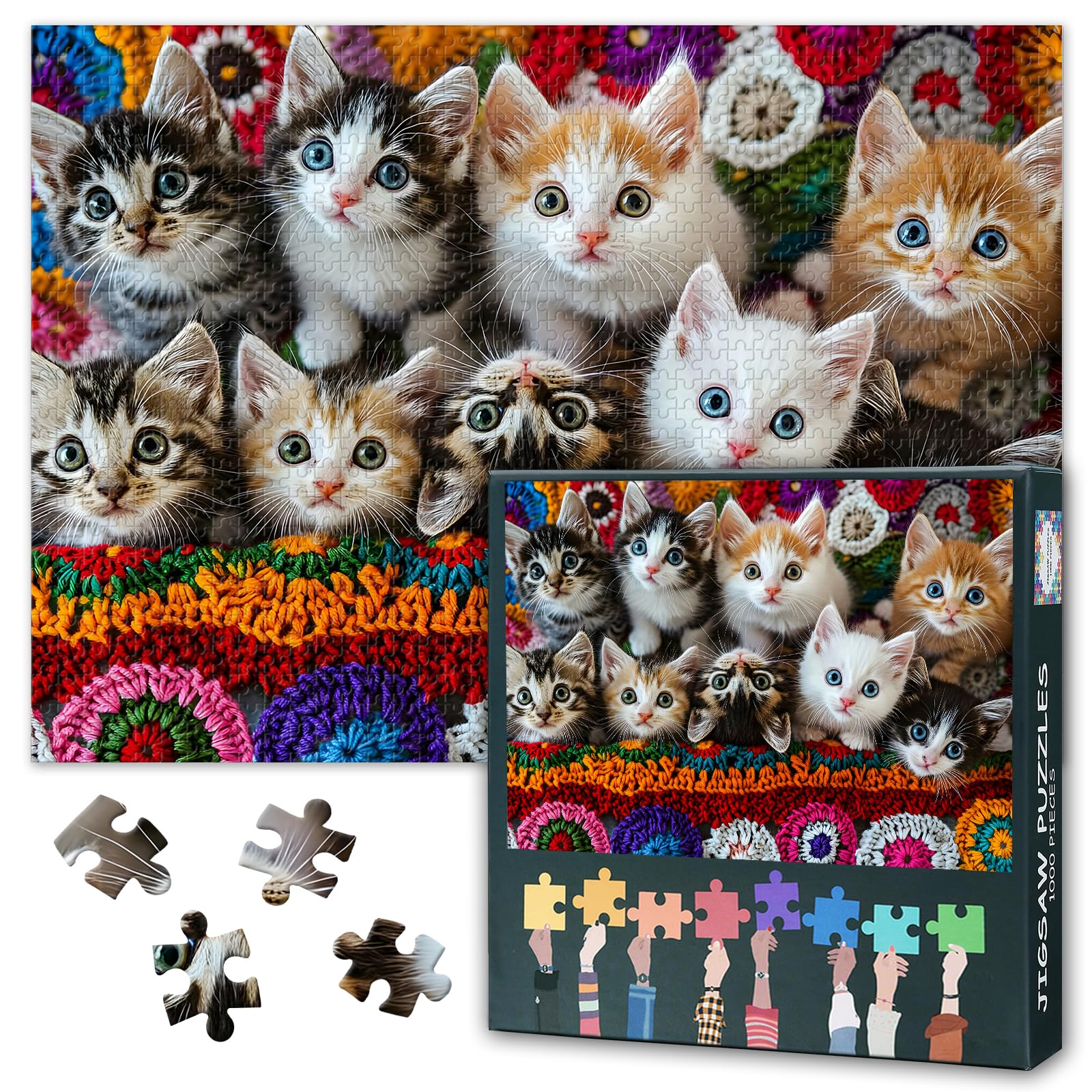 1000 Piece Cute Cat Jigsaw Puzzle for Adults Rompecabezas Para Adultos Challenging Puzzles Birthday Gifts - A Group of Adorable Kittens Sitting Together on a Colorful Crocheted Blanket 50x70cm