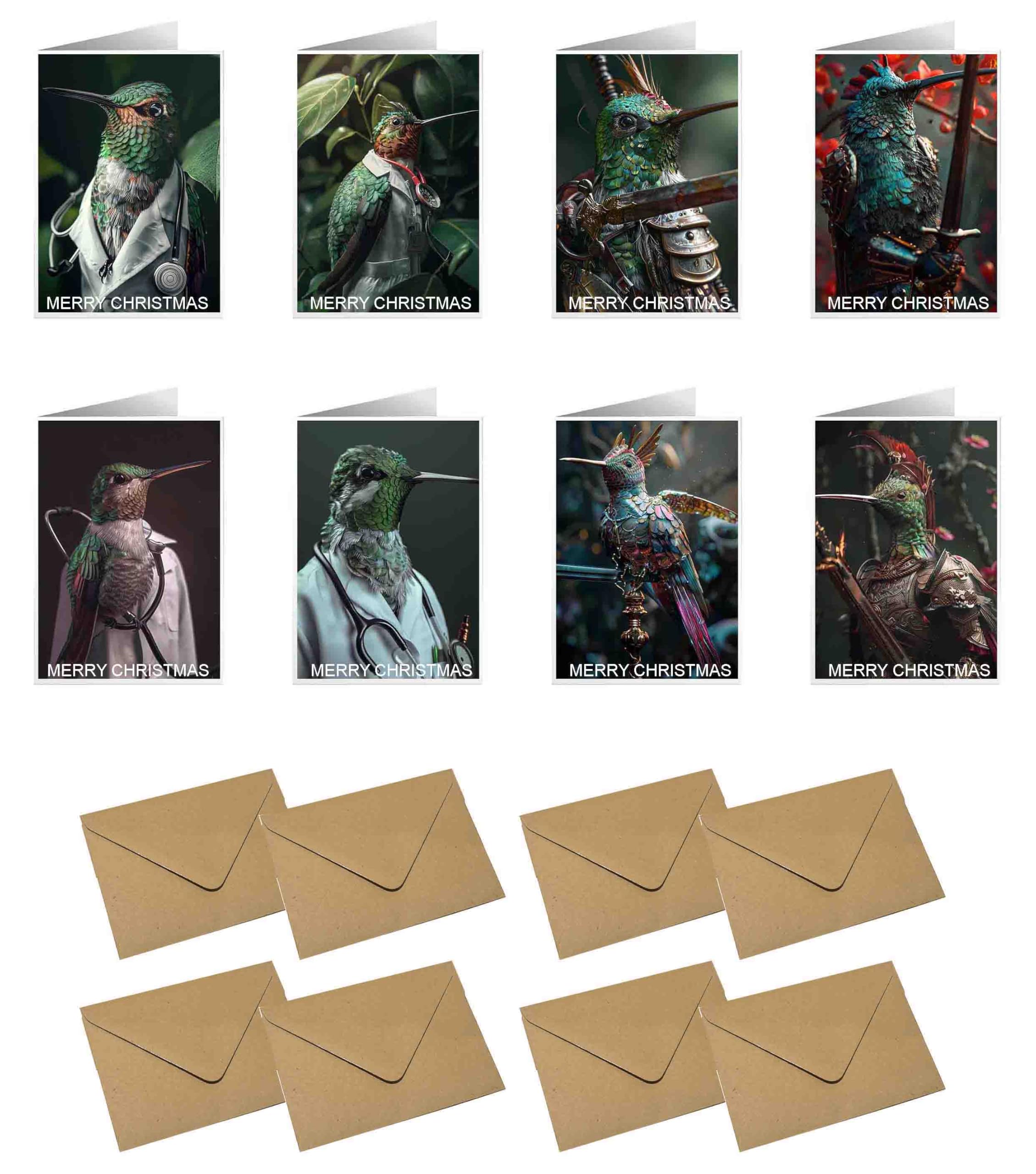 Lot de 8 cartes de vœux amusantes et réalistes avec 8 enveloppes 105 x 148,5 mm (colibri, gladiateur, colibri, oiseau, médecin)