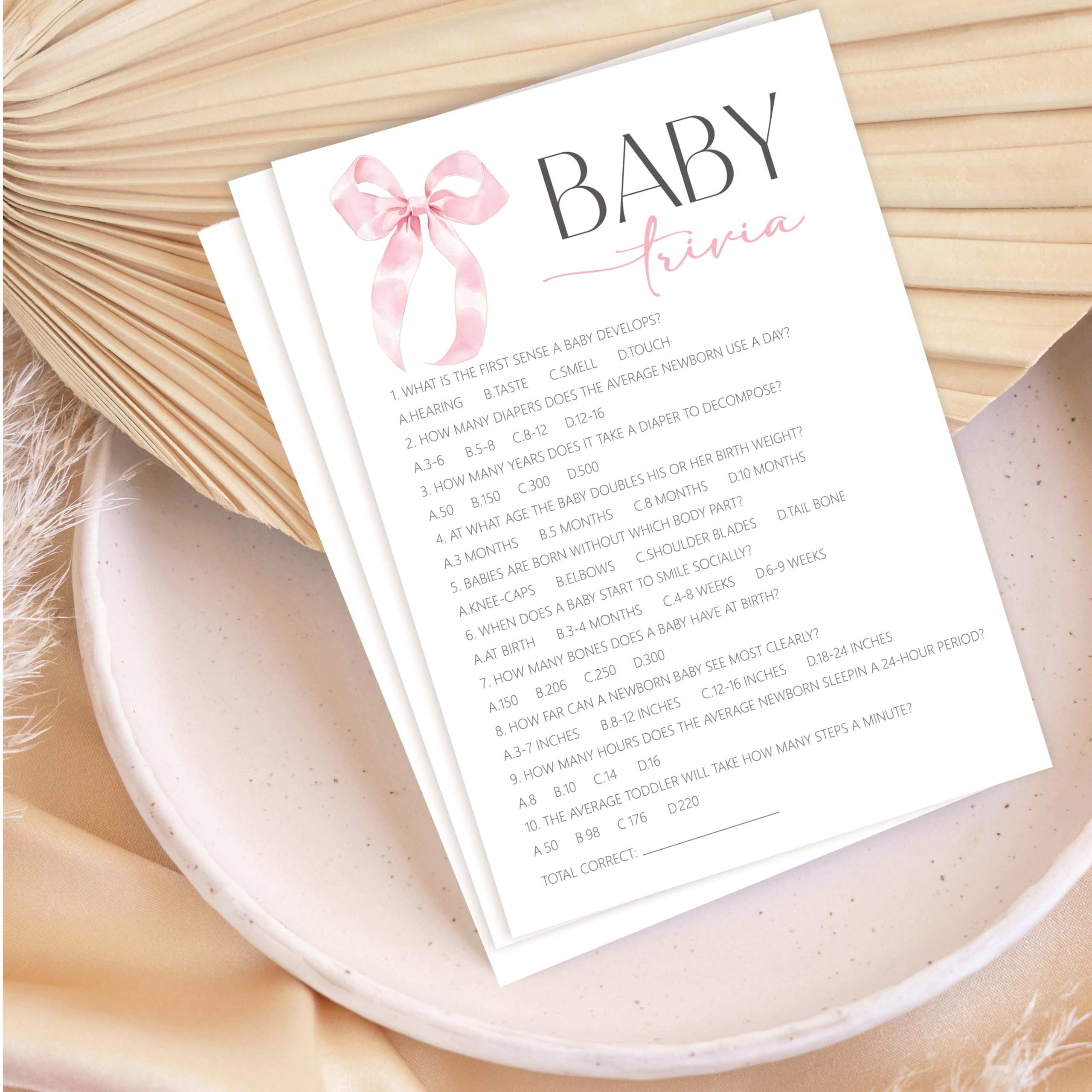 Pink Bow Baby Shower Games dla dziewczyn, Baby Trivia Game, 5"x7-25 szt.-B04