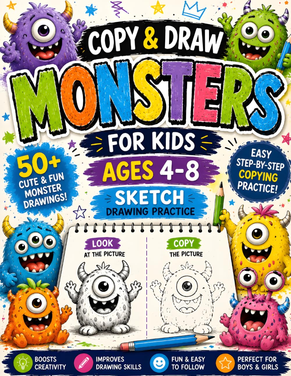 Copy & Draw Monsters for Kids Ages 4–8: Fun and Easy Monster Drawing Activities for Boys & Girls | Learn to Draw Cute Monsters with Simple Step-by-Step Copying Practice (BrightNova Copy & Draw Books)