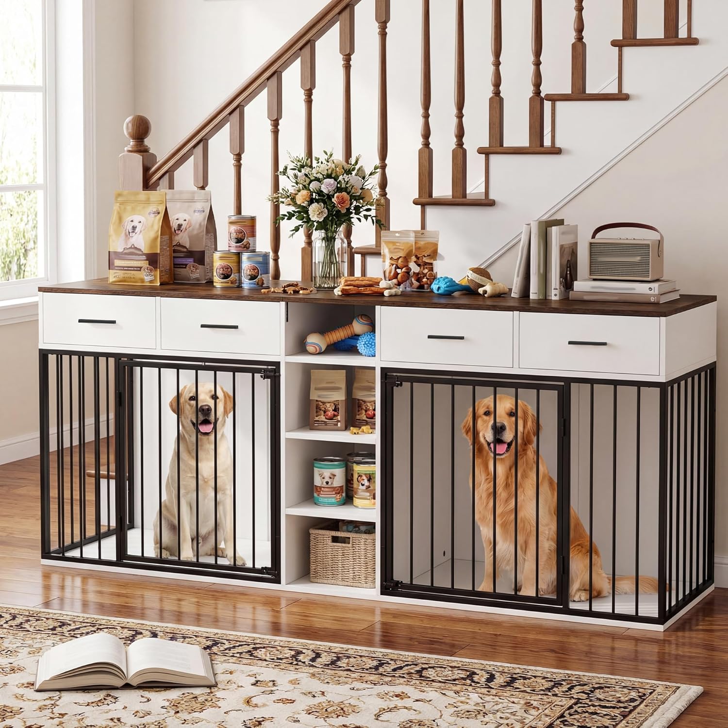 82 Inch Double Dog Crate Furniture, Extra Large Indoor Wooden Kennel for 2 Medium/Large Dogs with 4 Drawers & 4 Shelves, Heavy Duty Dog Crate TV Stand with Removable Divider, White
