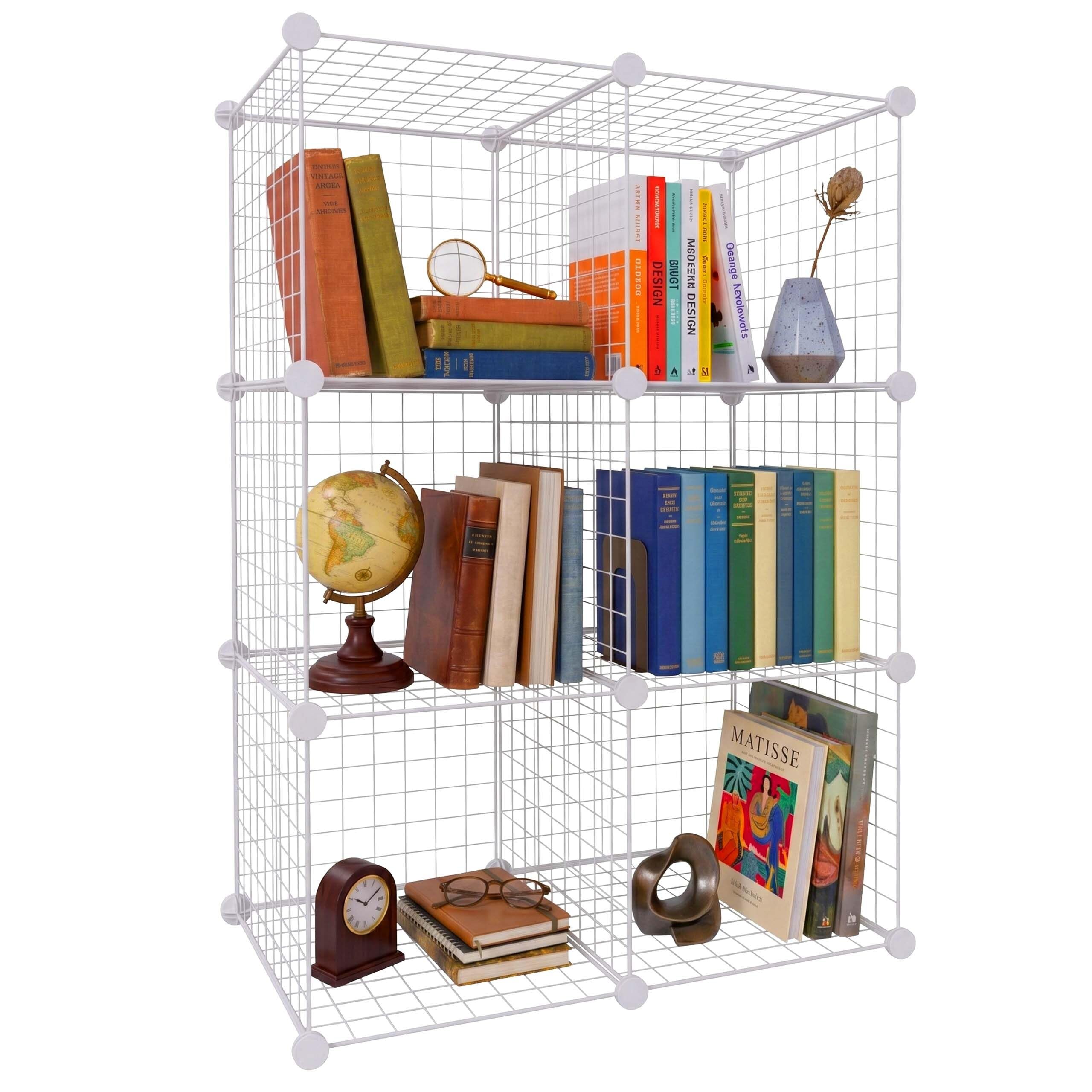 Relaxdays estantería Modular de Cubos, 6 Cubos, DIY, 110x37x75 cm, Rejilla metálica, Blanco