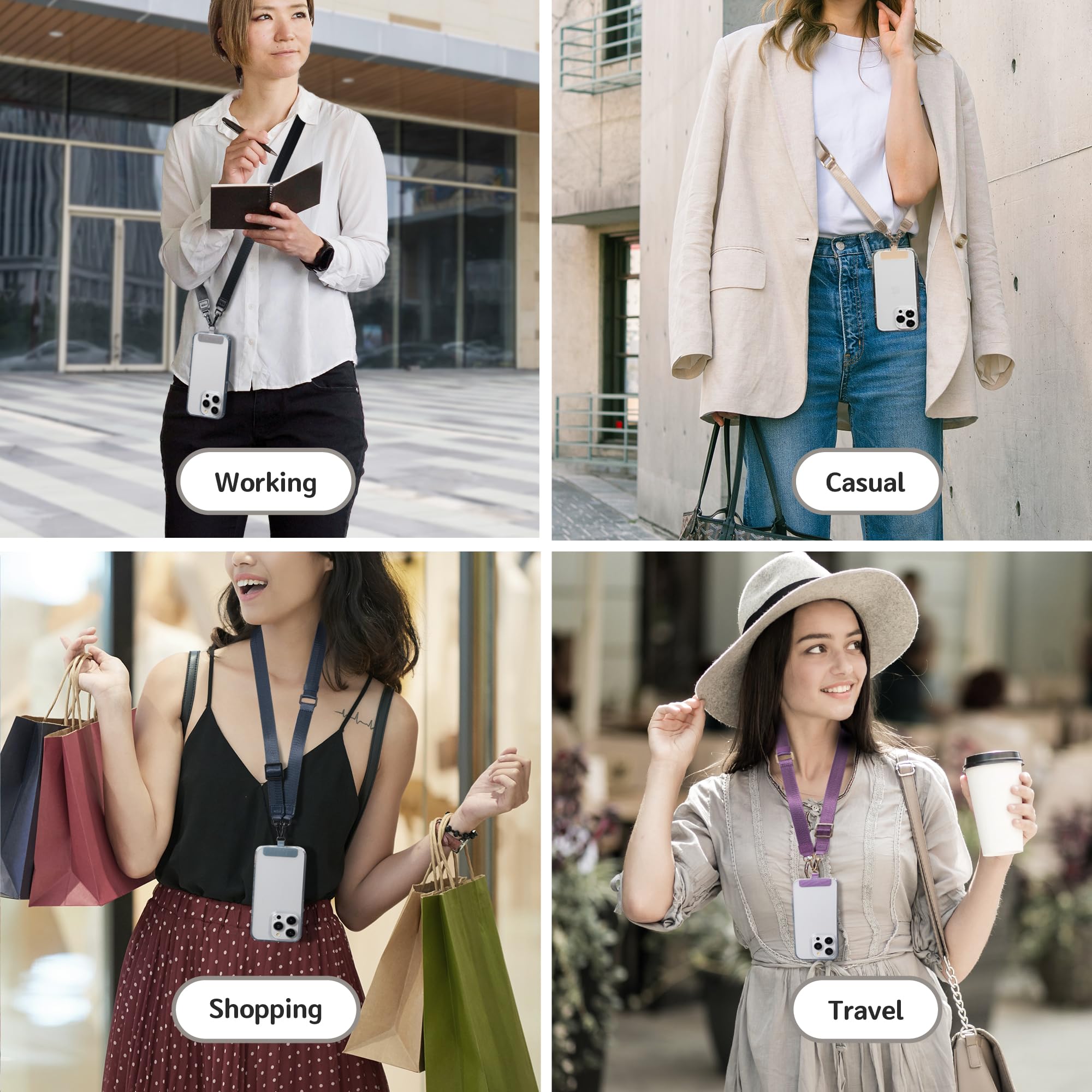 EKAX Universal-Handy-Umhängeband, 2 x verstellbare Doppelhakenriemen, 2 x klebstofffreie Haltegurte, Halshalter für Hüllen (Beige + Schwarz)