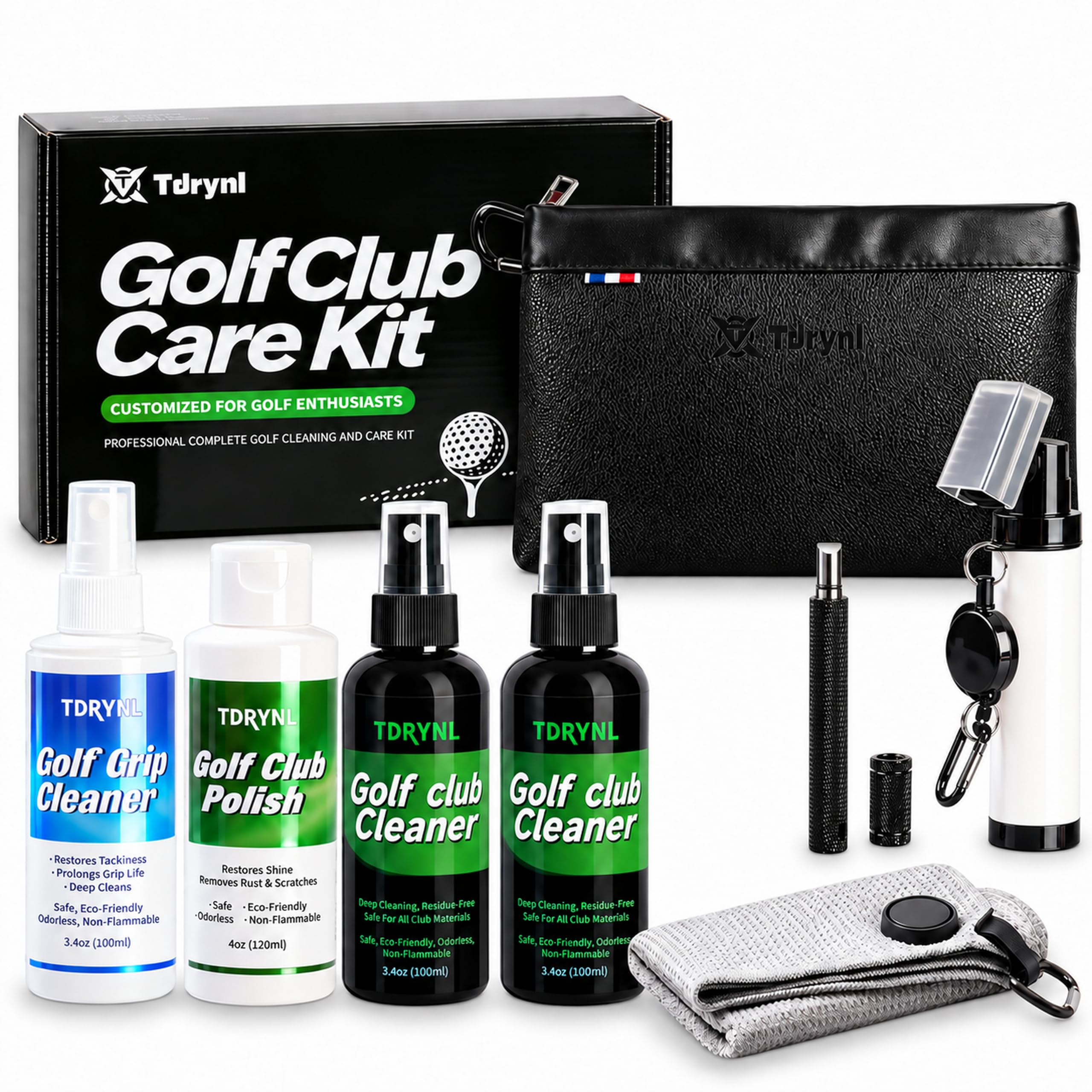 Pro Golf Club Care Kit – Cleaner, Polish, Brush, Groove Sharpener, Grip Cleaner, Magnetic Towel &amp; Leather Bag – Restores Clubs, Removes Rust &amp; Scratches, Renews Tackiness – Golf Gifts for Golfers