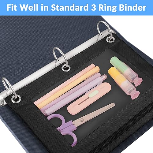 Miniatura 9 de Sooez Estuche para lápices para carpeta de 3 anillos, paquete de 2 bolsas para lápices con ventana transparente con cremallera y ojales reforzados,