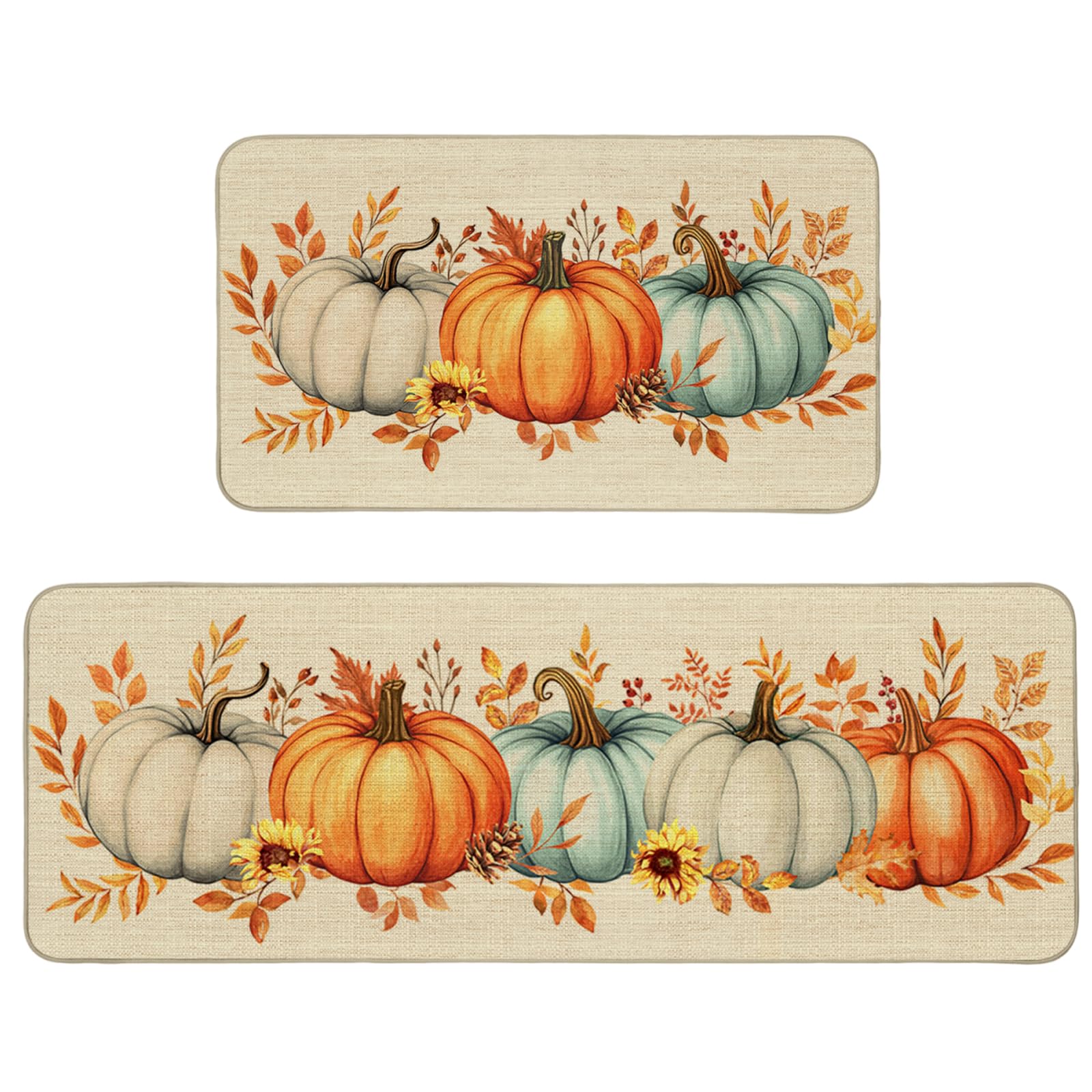 Mocsicka Fall Pumpkin Kitchen Rugs Set of 2, Fall Leaves Pumpkin Non Slip Kitchen Mats Autumn Home Decor Kitchen Floor Rugs for Hallway Laundry Room,