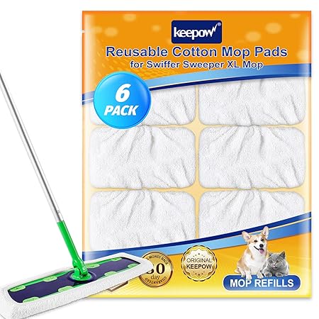 KEEPOW Reusable XL Dry Sweeping Cloths for Swiffer Sweeper X-Large Mop, XL Wet Pads Refills, Washable Cotton Mopping Pads for Surface/Hardwood Floor Cleaning (6 Pack)