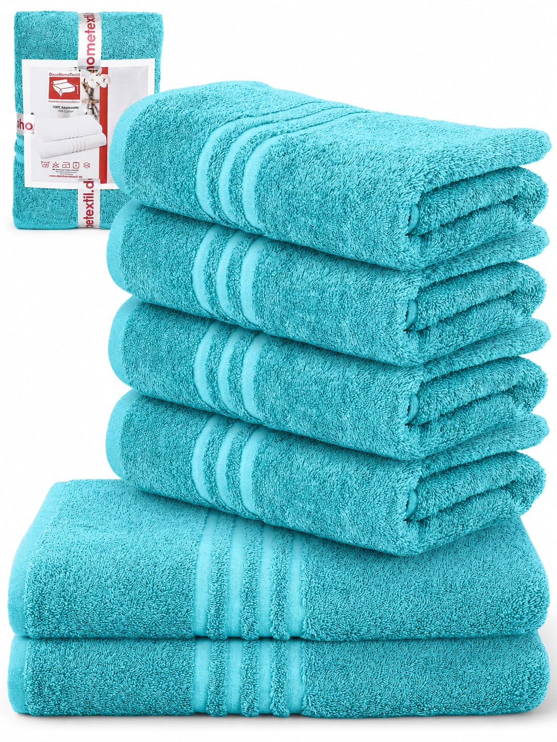 DecoHomeTextil Set spugna 4 asciugamani 50x100, 2 teli 70x140 in Turchese | 100% cotone, spugna di alta qualità, morbida e assorbente