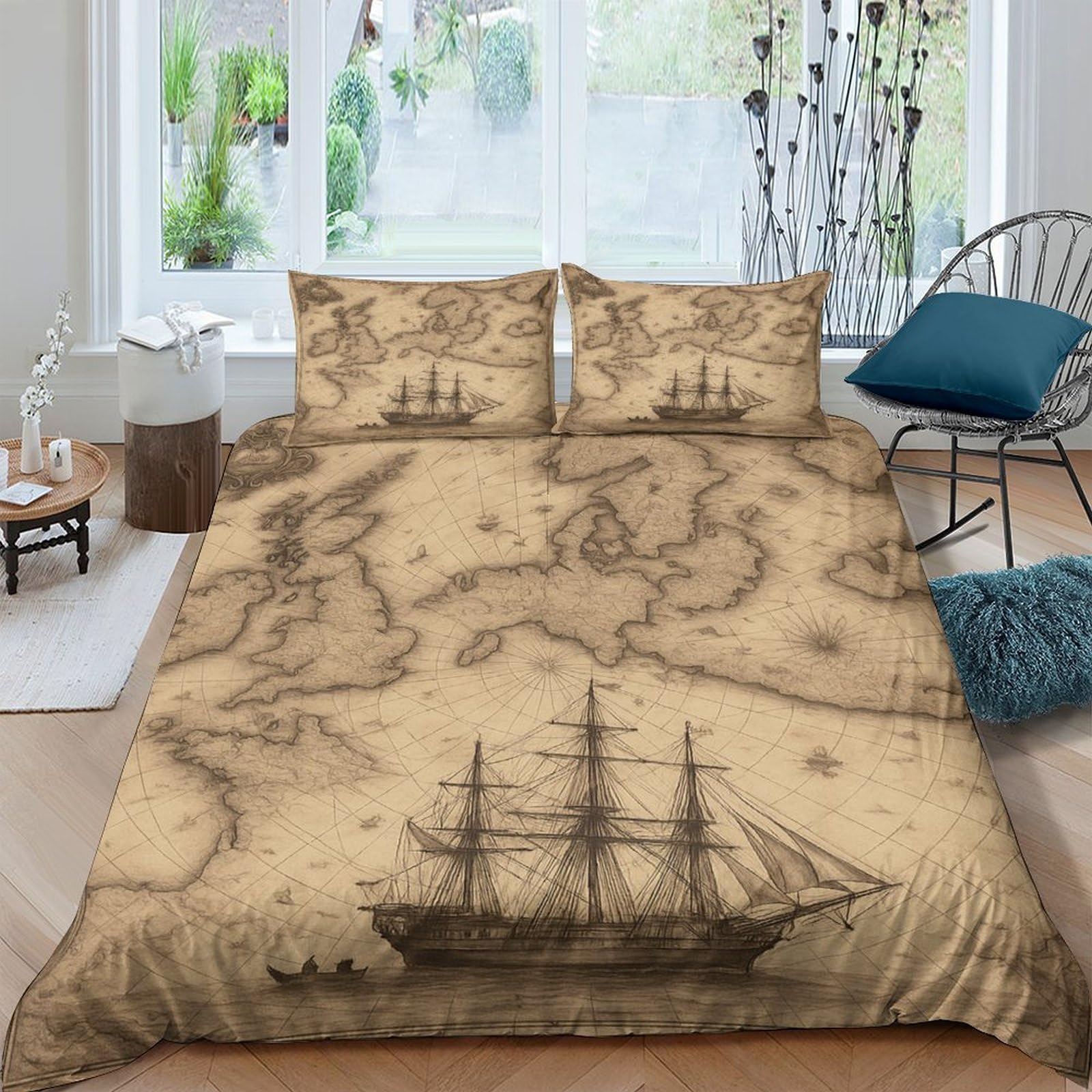 GPLZQXKJNH 3D Printed Vintage Map Duvet Cover Microfiber Soft Breathable Pirate Ship Bedding Set with 2 Pillowcases for Bedroom Decor Single（135x200cm）