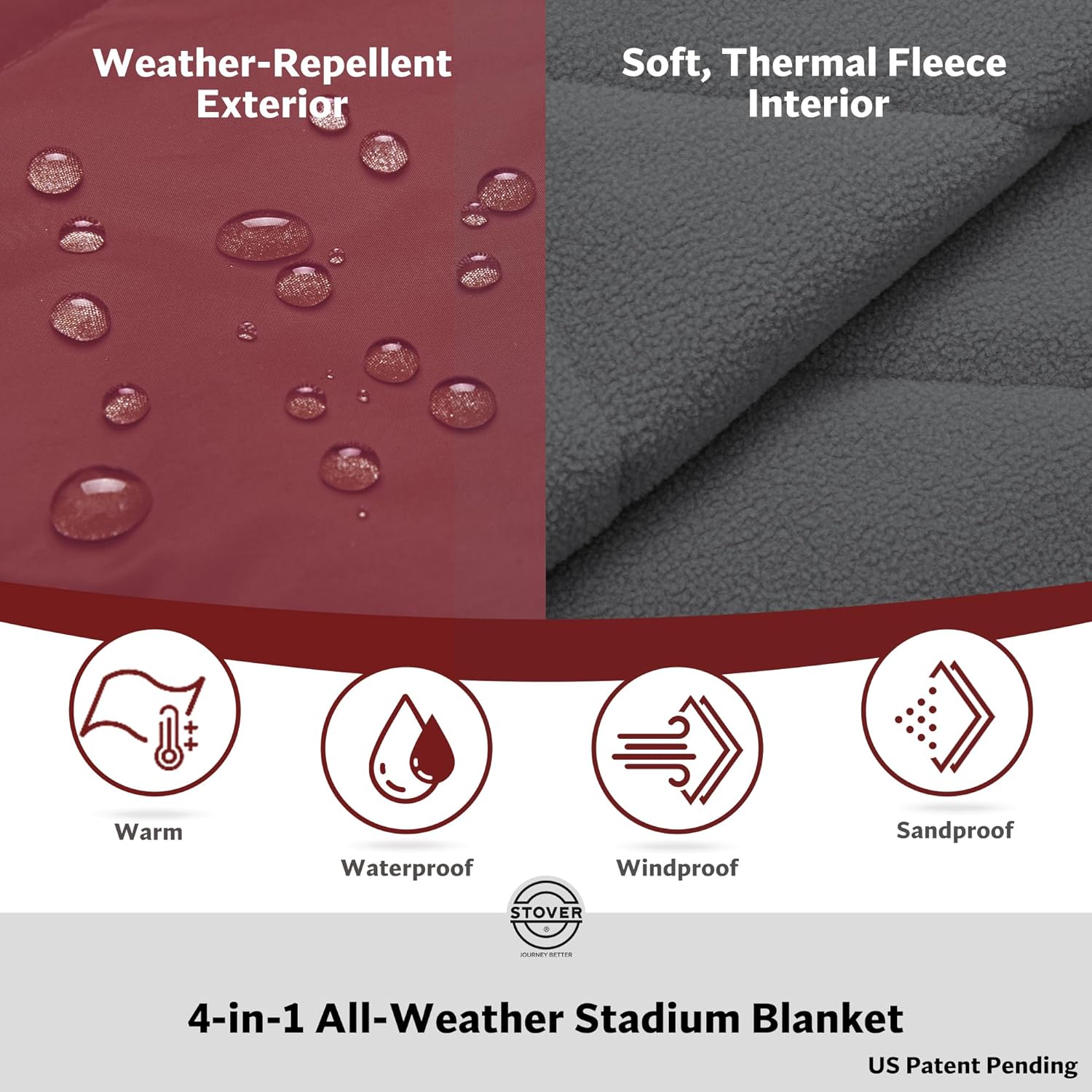 STOVER Large Waterproof Outdoor Stadium Blanket- Extra Thick Soft Fleece Camping Blanket for Travel, Picnics, Sports, 79"x55", Warm, Windproof, Sand-Proof, Lightweight, Packable (Game Day Crimson)