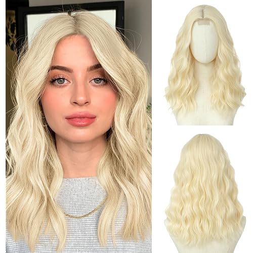 613 Blonde Wig 18 Inch Medium Length Wigs for Women Middle Part Synthetic Hair Wavy Wig with Upgraded Strands,Natural Hair Wigs for Daily Party/Halloween Use 18Inch,613 Blonde