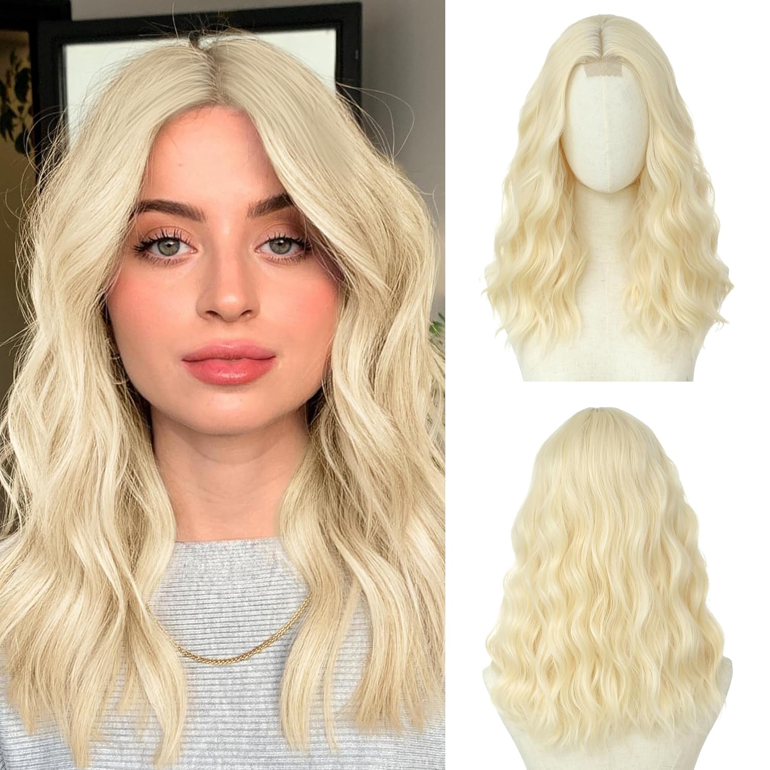 613 Blonde Wig 18 Inch Medium Length Wigs for Women Middle Part Synthetic Hair Wavy Wig with Upgraded Strands,Natural Hair Wigs for Daily Party/Halloween Use 18Inch,613 Blonde 18 Inch 613 Blonde