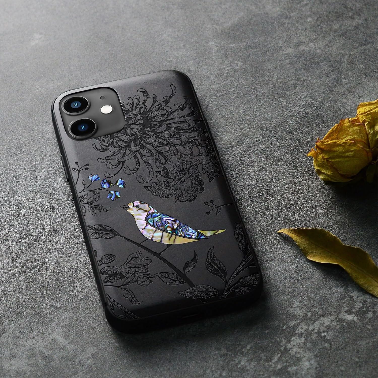 Carveit Designer Wooden Protective Case for iPhone 11 Cover [Wood Engraving & Shell Inlay] Compatible with iPhone 11 Case (Flowers and Bird-Blackwood)