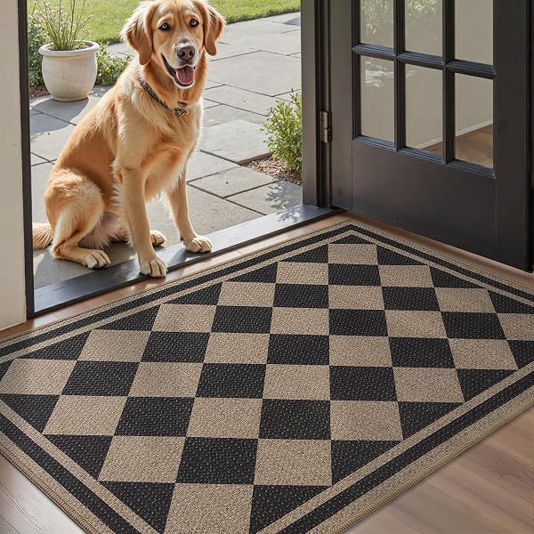 Front Door Mat Indoor Outdoor Mat for Entrance Mat Easy-Jute Entryway Mat-Mud Trapper Absorbent Low-Profile Fall Door Mats Entry Rug Checkered Black 43x75cm - 1