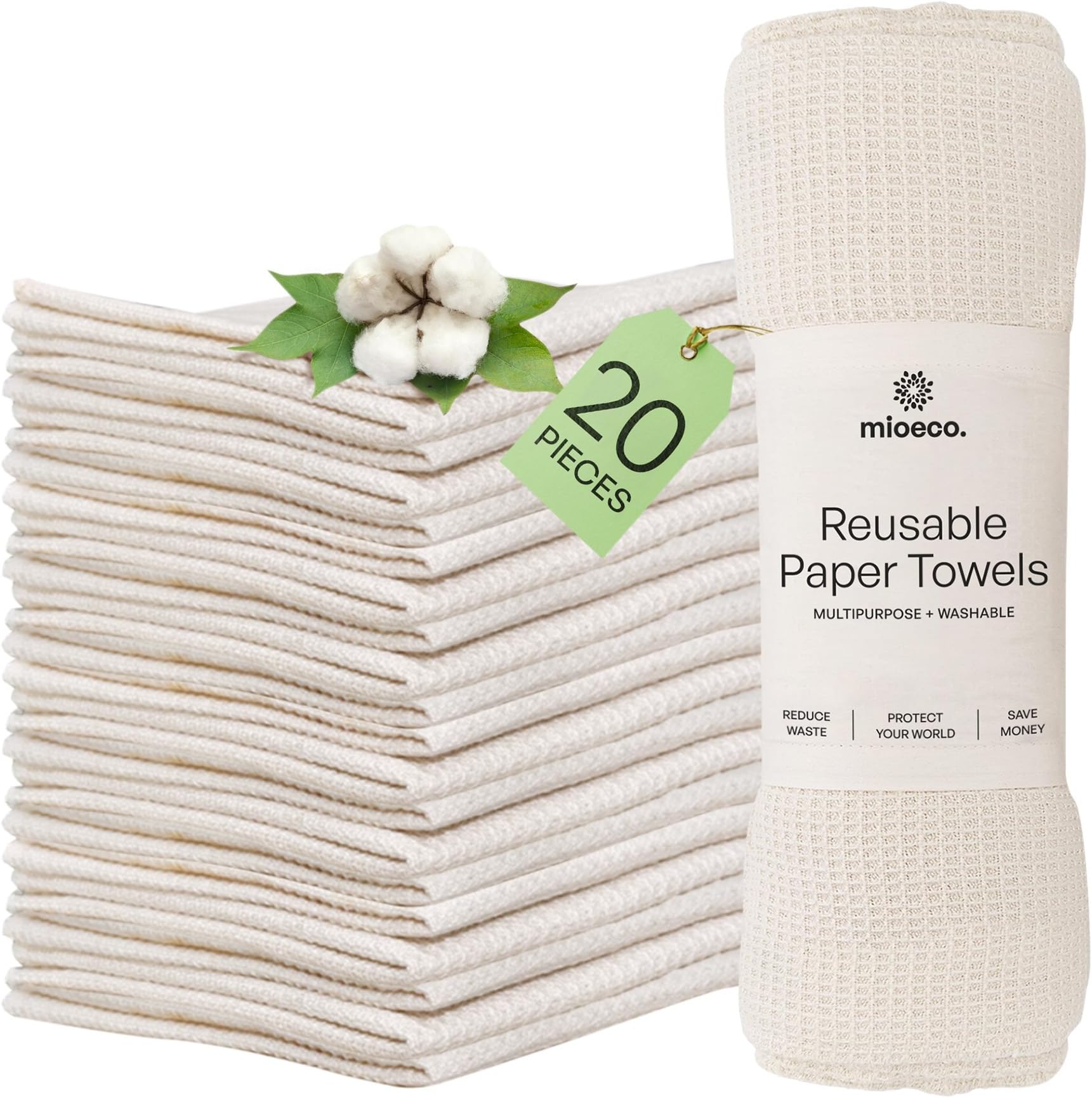 mioeco 20 Pack Reusable Kitchen Paper Towels Washable - Super Absorbent Natural unPaper Towels - Natural Cotton - Reusable, Paperless Kitchen Dish Cloths - 100% Organic