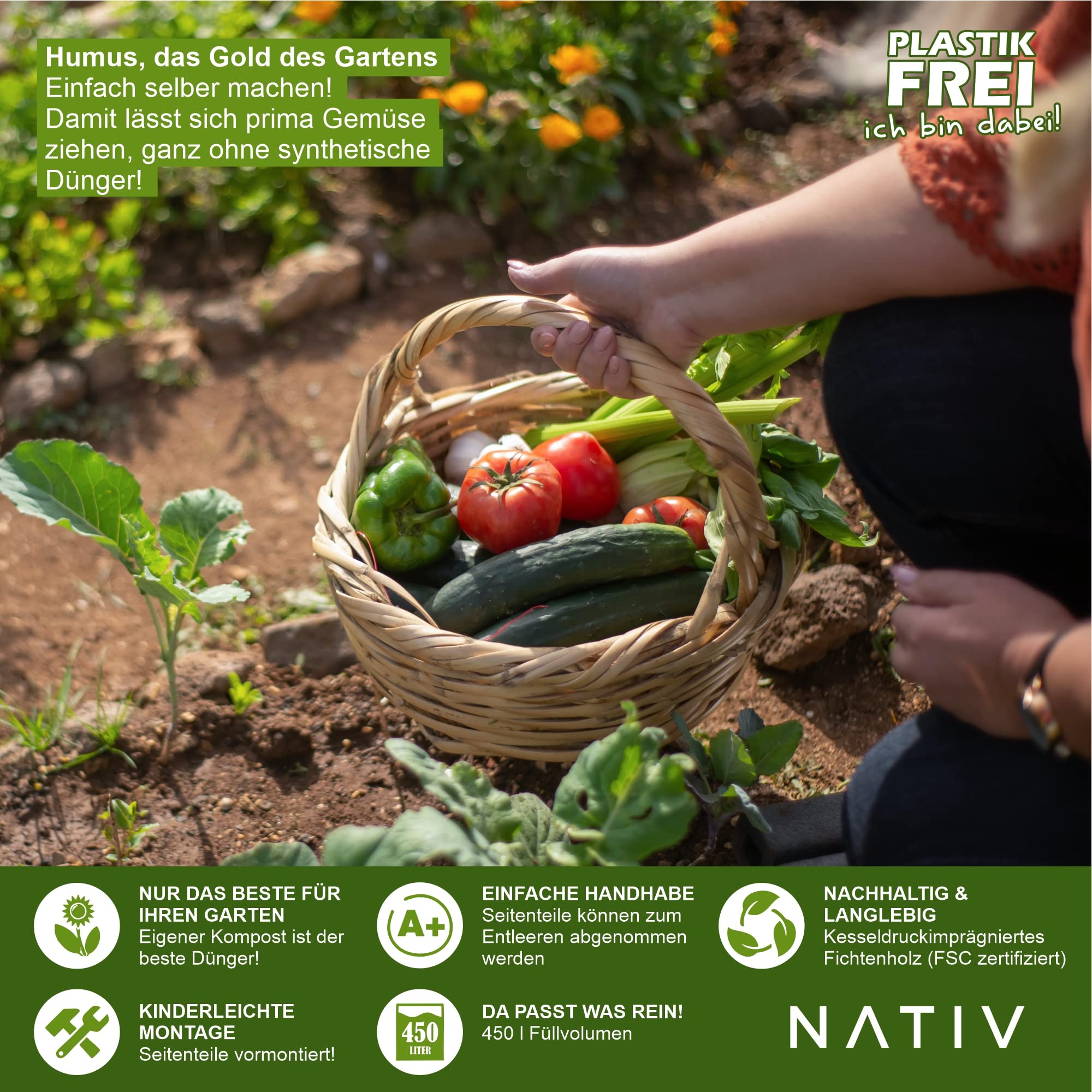 NATIV Holzkomposter 450L für den Garten – Komposter aus imprägniertem Fichtenholz mit Deckel, abnehmbaren Seitenteilen, wetterfester Schnellkomposter 76x75x91 cm für Garten- und Küchenabfälle