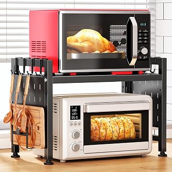 SAYZH Expandable Microwave Shelf, Microwave Stand with 10 Hooks/Cutting Board Holder/Rag rack, 2 Tier Microwave Oven Rack for Kitchen Counter Organizer, Black | Microwave stand, sturdy and stable, with 10 hooks, cutting board holder, towel rack, adjustable leg pads for countertop