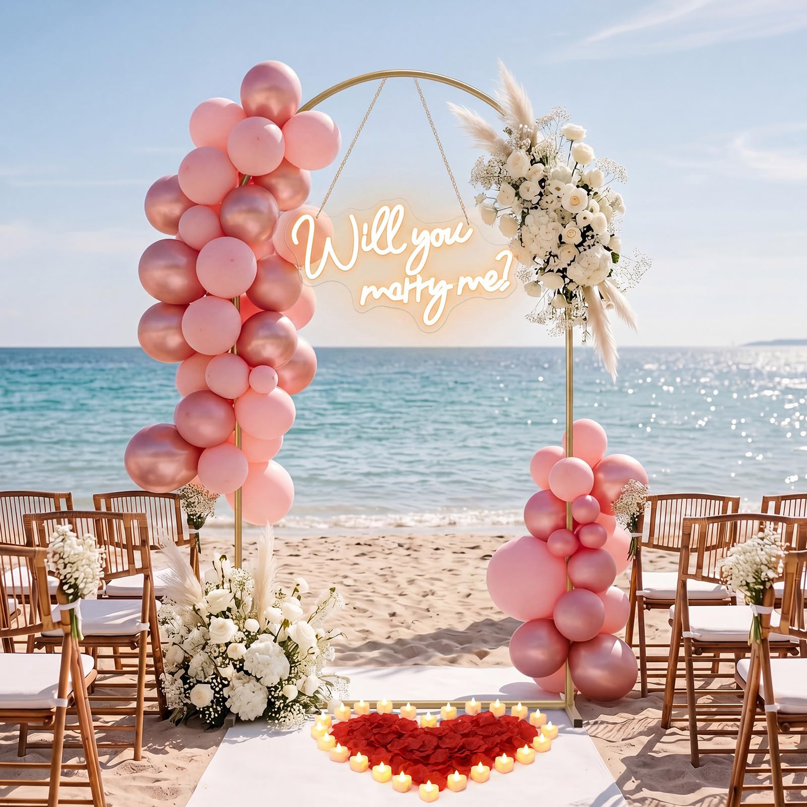 Coume 2,2 m Hochzeitsantrags-Dekorationsset "Will You Marry Me", Neonschild | Großer Metallbogenständer, 24 Herz-LED-Kerzen, 2000 rote Rosenblätter, für den Außenbereich, Antrag, Hochzeit, Verlobung
