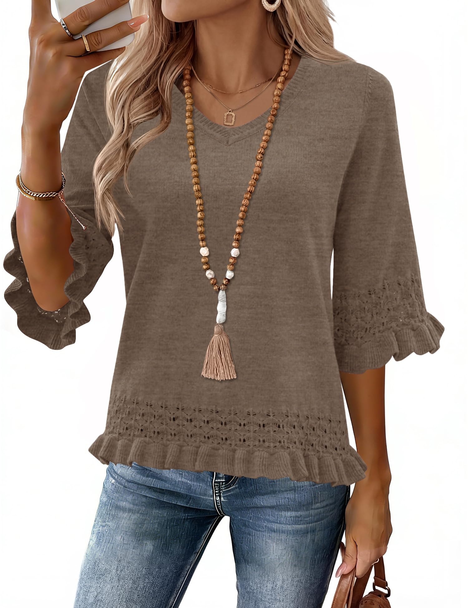 LOMON Women's Sweaters 3/4 Sleeve Business Casual Sweater V Neck Boho Tops Cute Crop Knit Peplum Pullover Spring Outfits — view 7