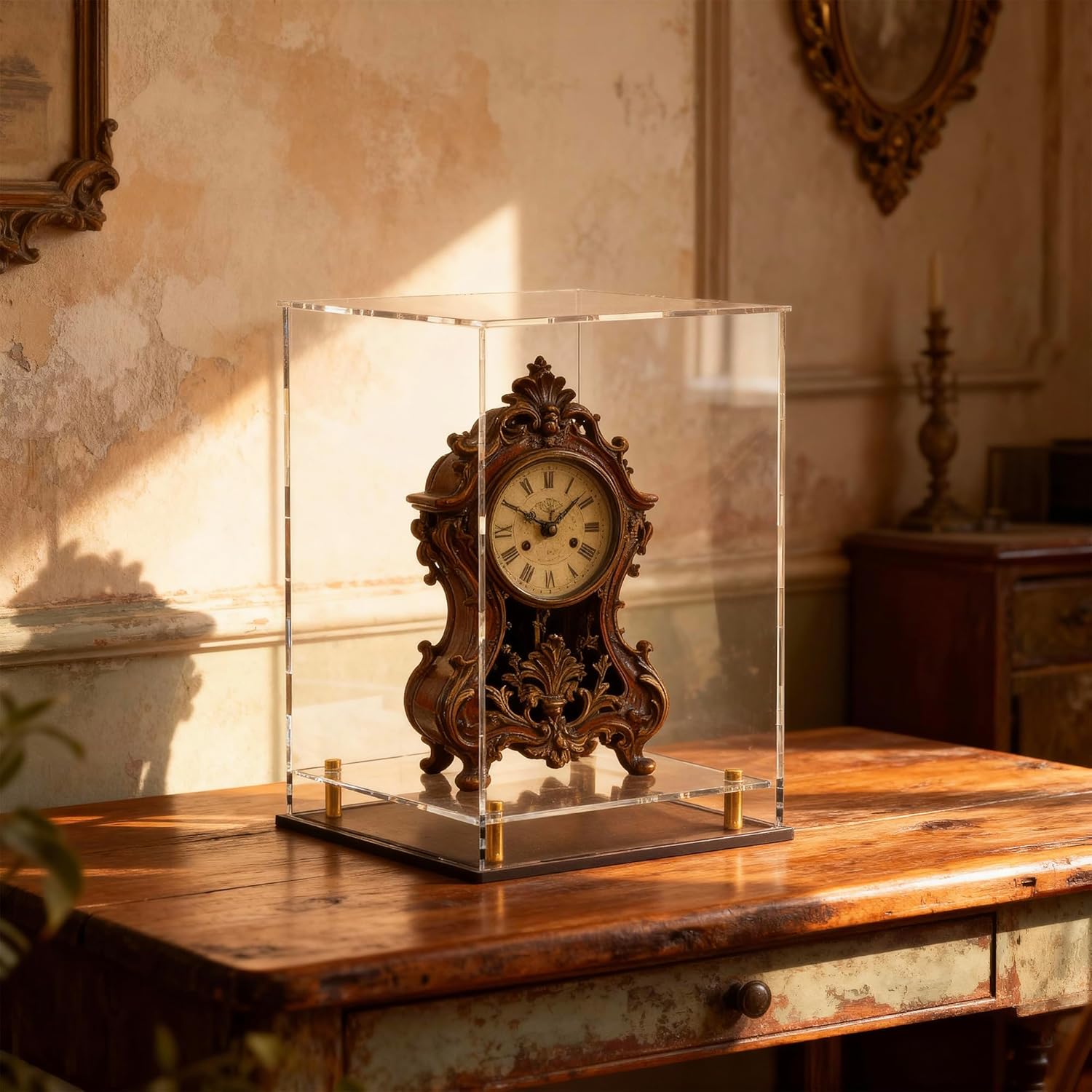 Acrylic Display Case for Collectibles, Dustproof Acrylic Box with Clear Display Elevation & Gold Risers, Large Display Case for Figures Toys Memorabilia, 8" L x 8" W x 9.6" H