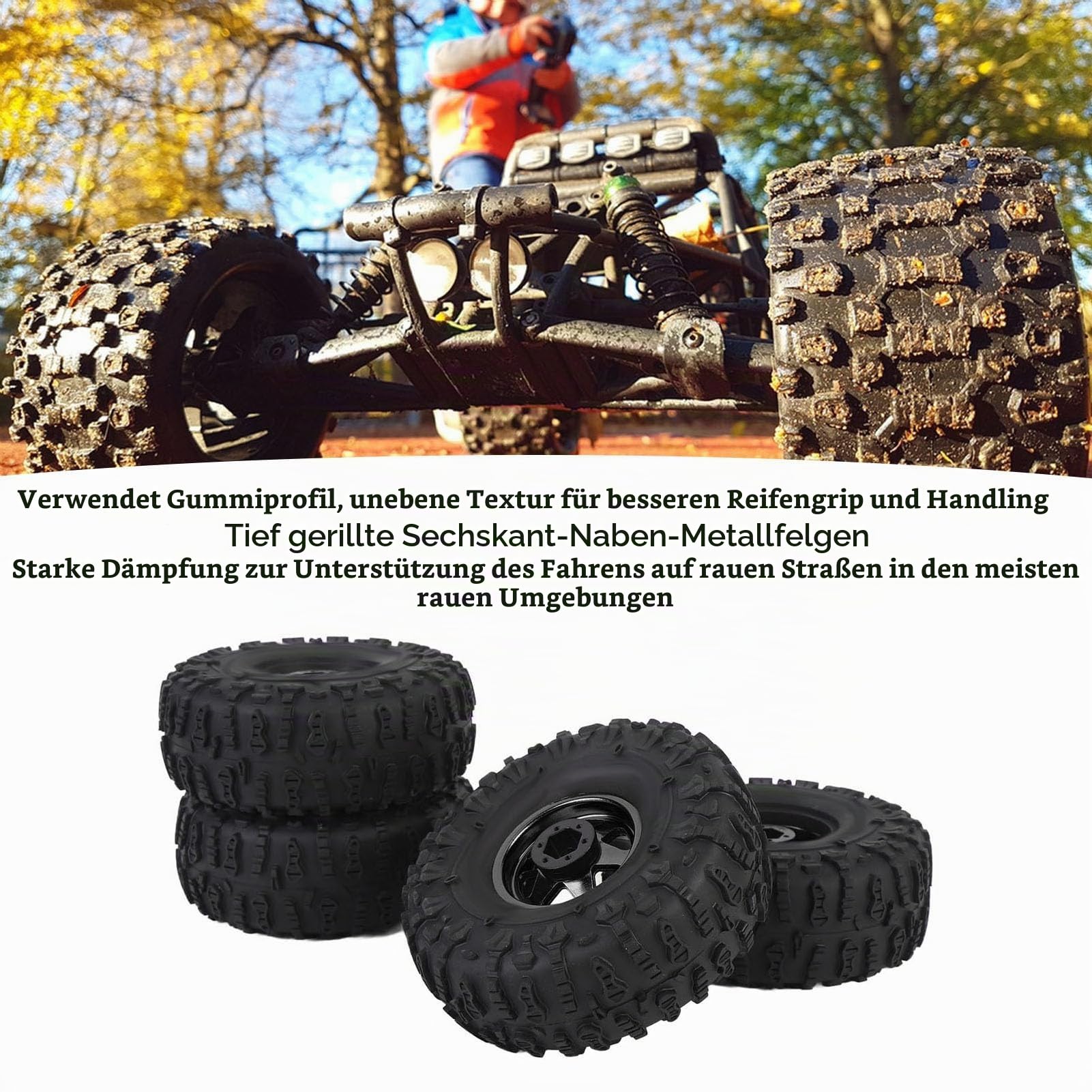 BuyWeek RC Auto Reifen, 4 Stück 122 x 48 mm RC Crawler Reifen mit Schrauben für Redcat, für Axial SCX10, für D90, für Hpi (Schwarz)