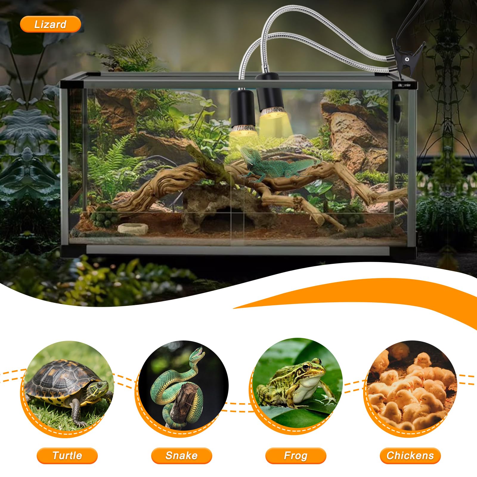 Lampe chauffante tortue à double tête pour reptile avec pince, rotation à 360 °, lampe chauffante UVA UVB avec minuterie de cycle pour tortue, dragon, serpents, lézards