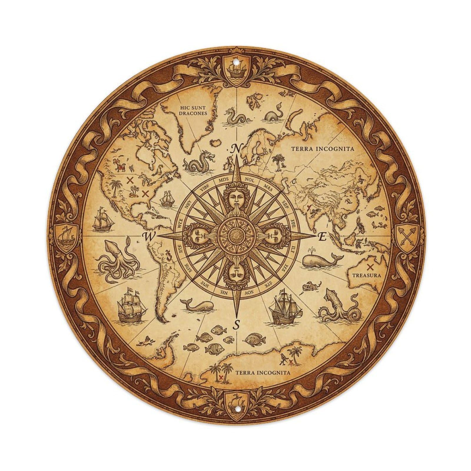Vintage Nautical Compass World Map Mariner Chronicle Metal Tin Sign