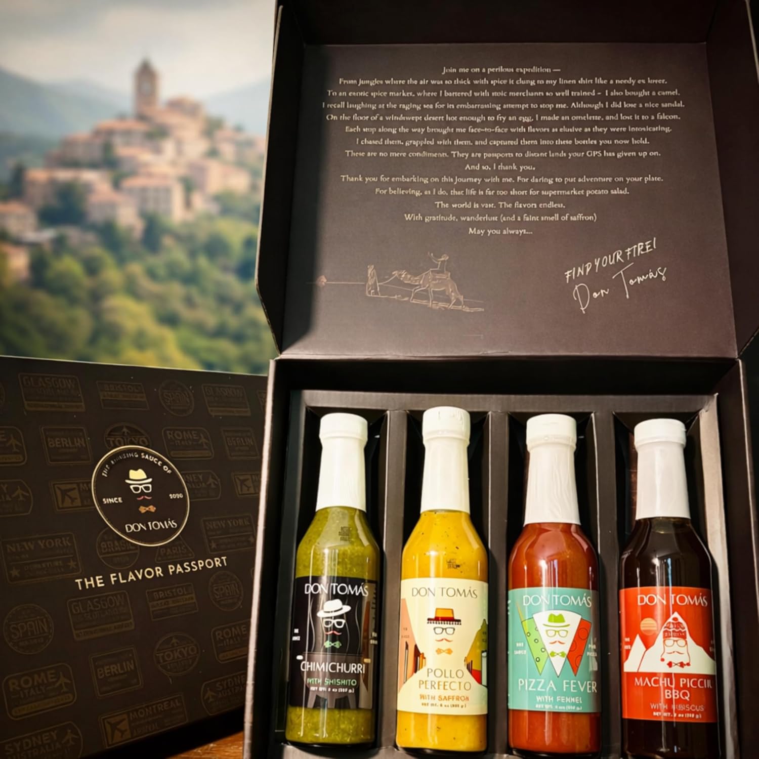 Don Tomás The Flavor Passport Gourmet Sauces Gift Set - Shishito Chimichurri, Pizza Fever, Pollo Perfecto, Machu Picchu BBQ