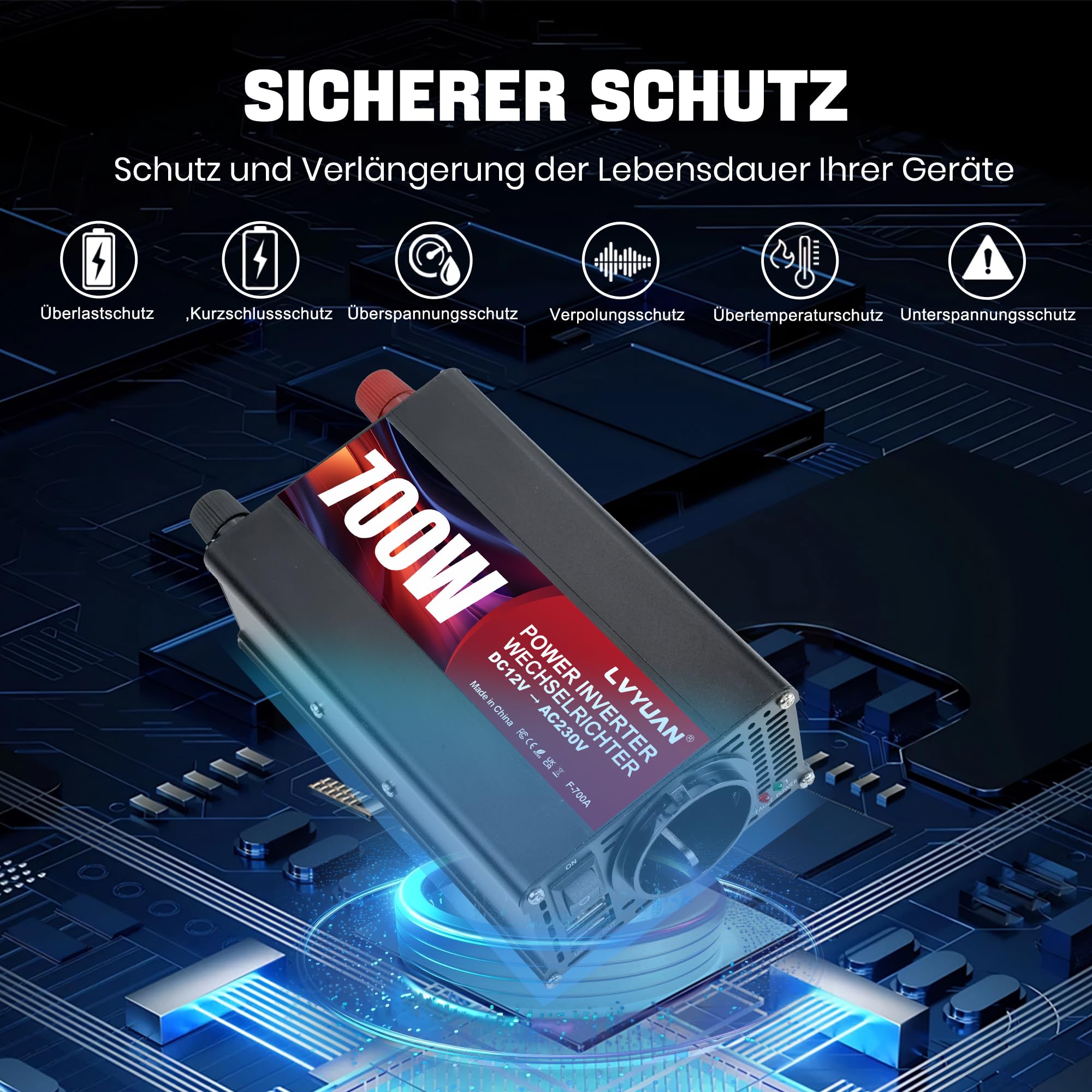 LVYUAN 700W Wechselrichter DC 12V auf 230V AC Spannungswandler Auto Konverter mit Dual USB Ports & EU Steckdosen Kfz Ladegerät Adapter