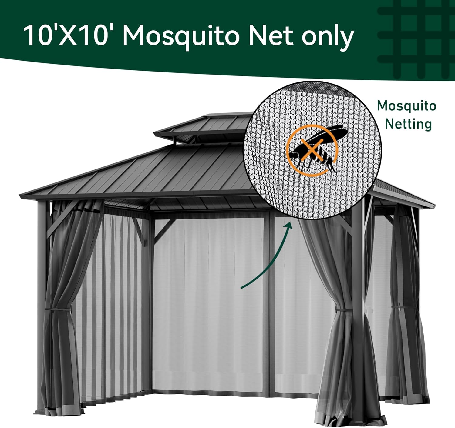 Covered Outdoor Universal Gazebo Mosquito Netting 10'x10' Replacement, 4-Panel Screen Walls with Double Zipper for Outdoor PatioCanopy Garden Gazebos, Dark Gray and Black