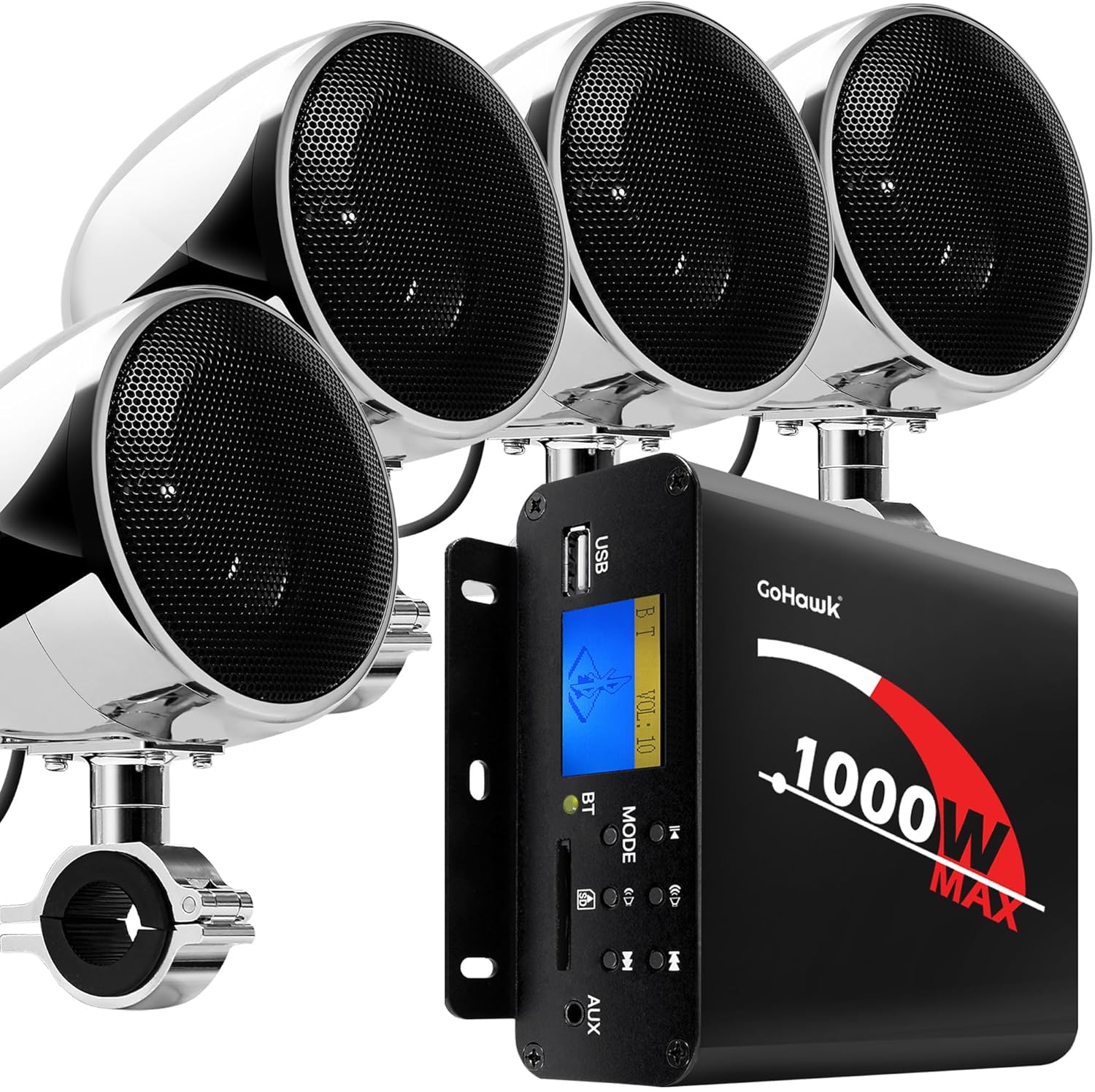 Motorcycle Speakers and Amplifier Audio Sound System, 1000W Bluetooth Weatherproof 4 Inch Radio Audio System AUX USB SD FM Radio, Volume Control, ATV UTV Compatible