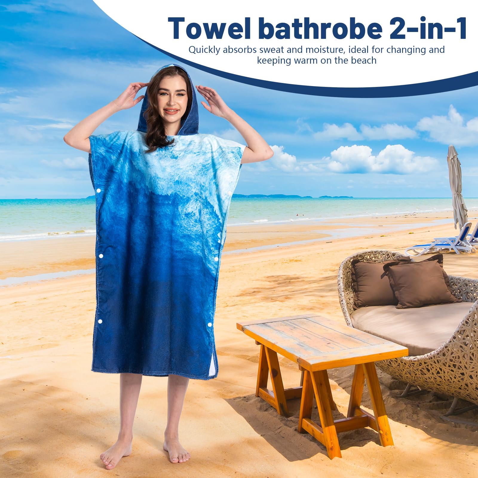 MOKANI Bata Cambiadora, Poncho de Toalla con Capucha para Piscina, Playa, Surf, Poncho de Toalla Rápido de Secar y Ligero para Adultos, Mujeres y Hombres (con Botones, 108L x 82W CM)
