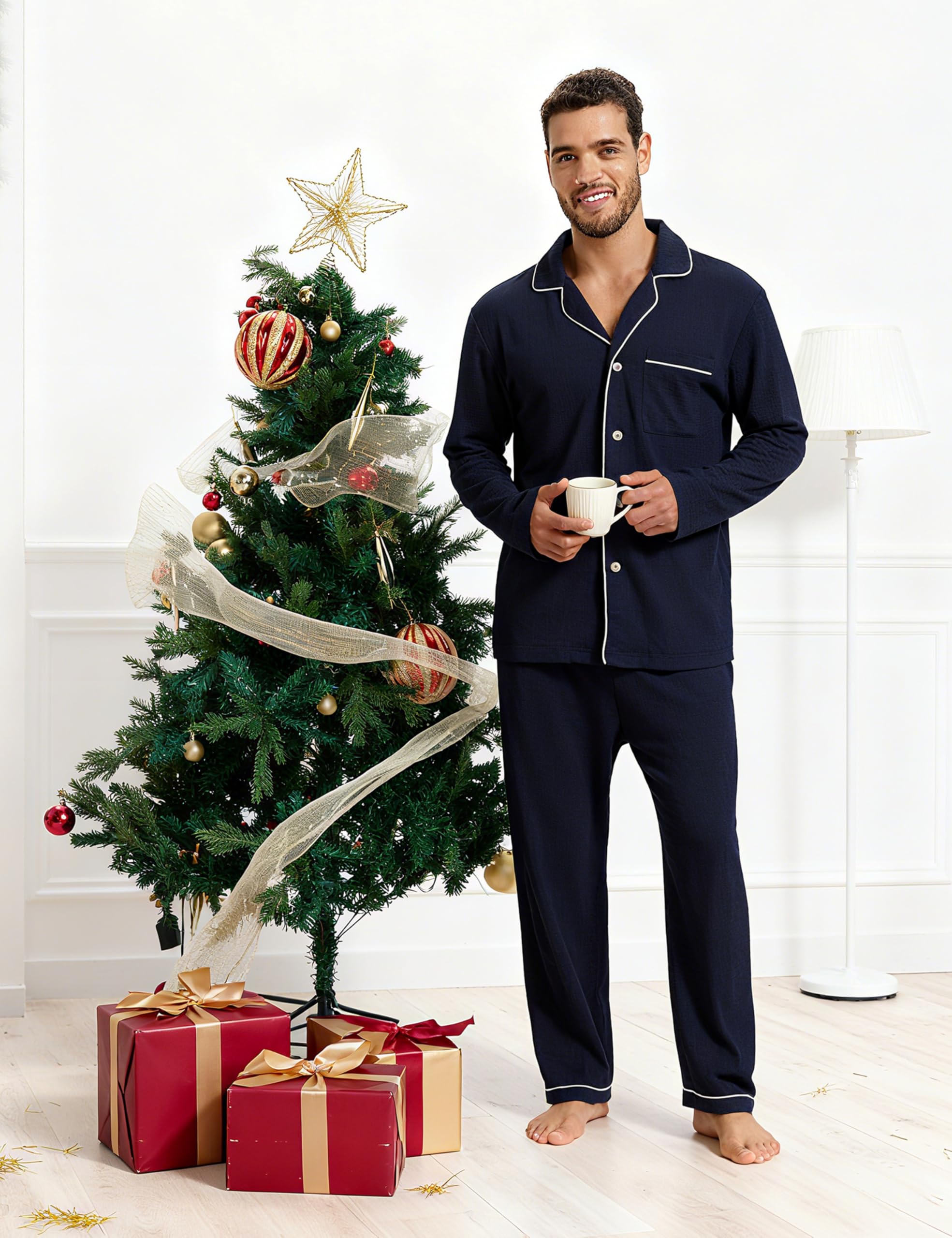 MoFiz Pigiama Uomo Cotone Modal Lungo Pigiami Due Pezzi Invernale Manica Lunga Pigiama Aperto Davanti Bottoni Morbido ed Elegante Abbigliamento da Notte Casa M-4XL