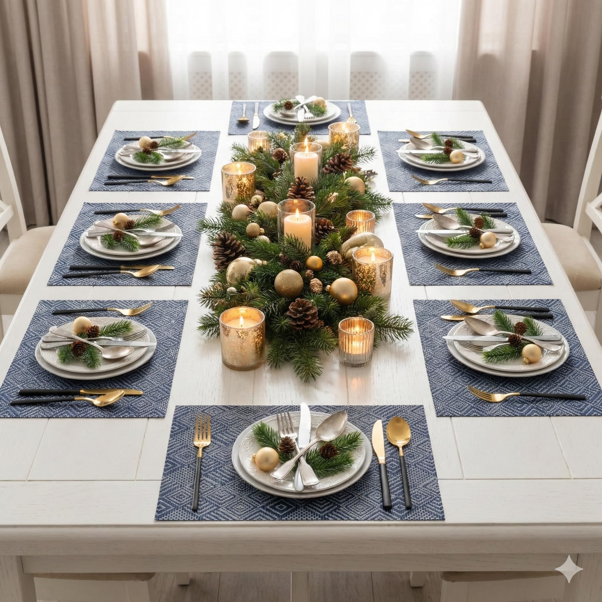 YELONA Placemats Set of 8, Heat-Resistant Woven Vinyl Table Mats, Non-Slip & Washable Dining Tablemats for Kitchen & Dinner Decor, Blue & White (45cm x 30cm)