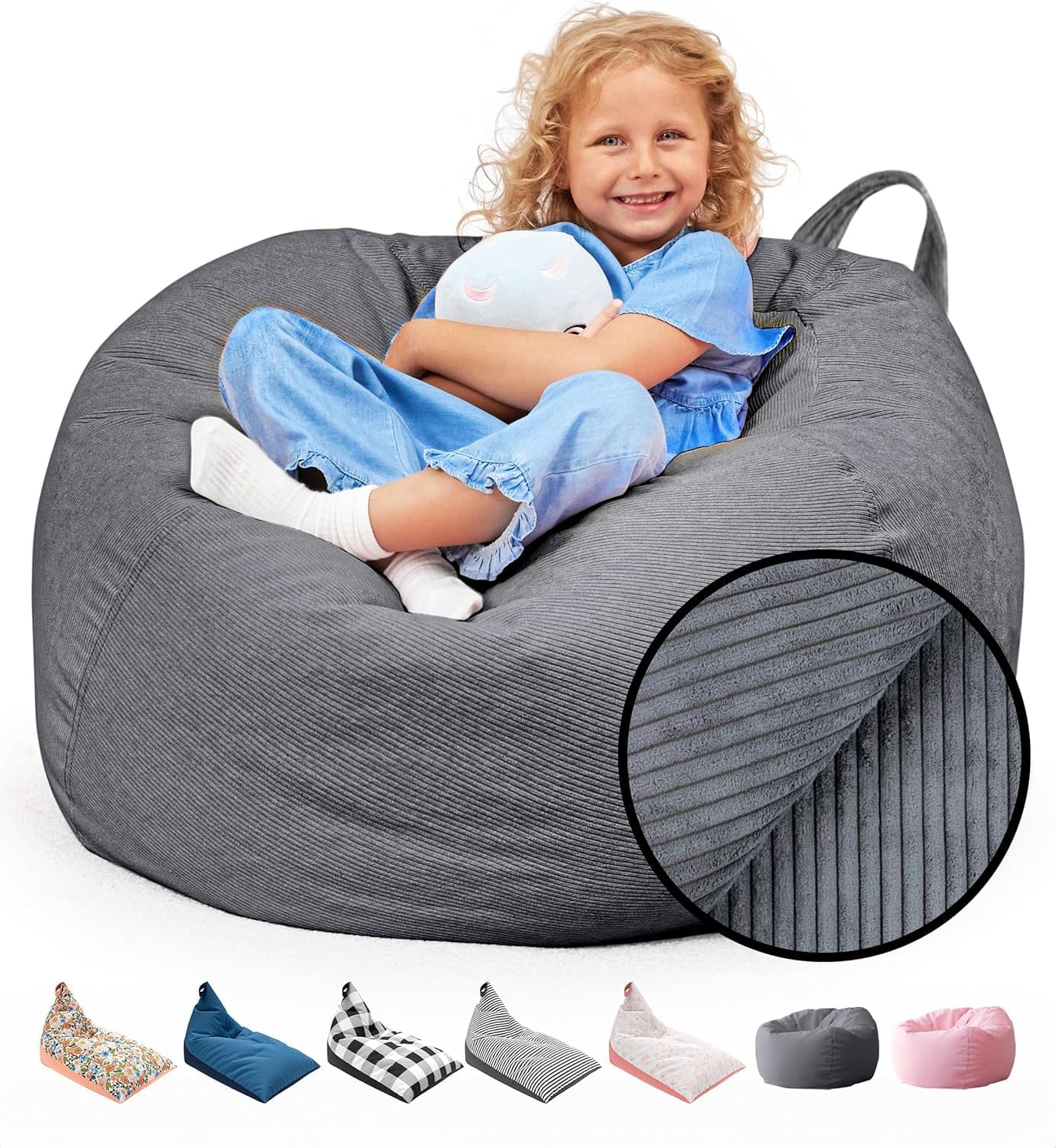 Stuffed Animal Bean Bag Storage Cover (No Filler) - Machine Washable Grey Corduroy