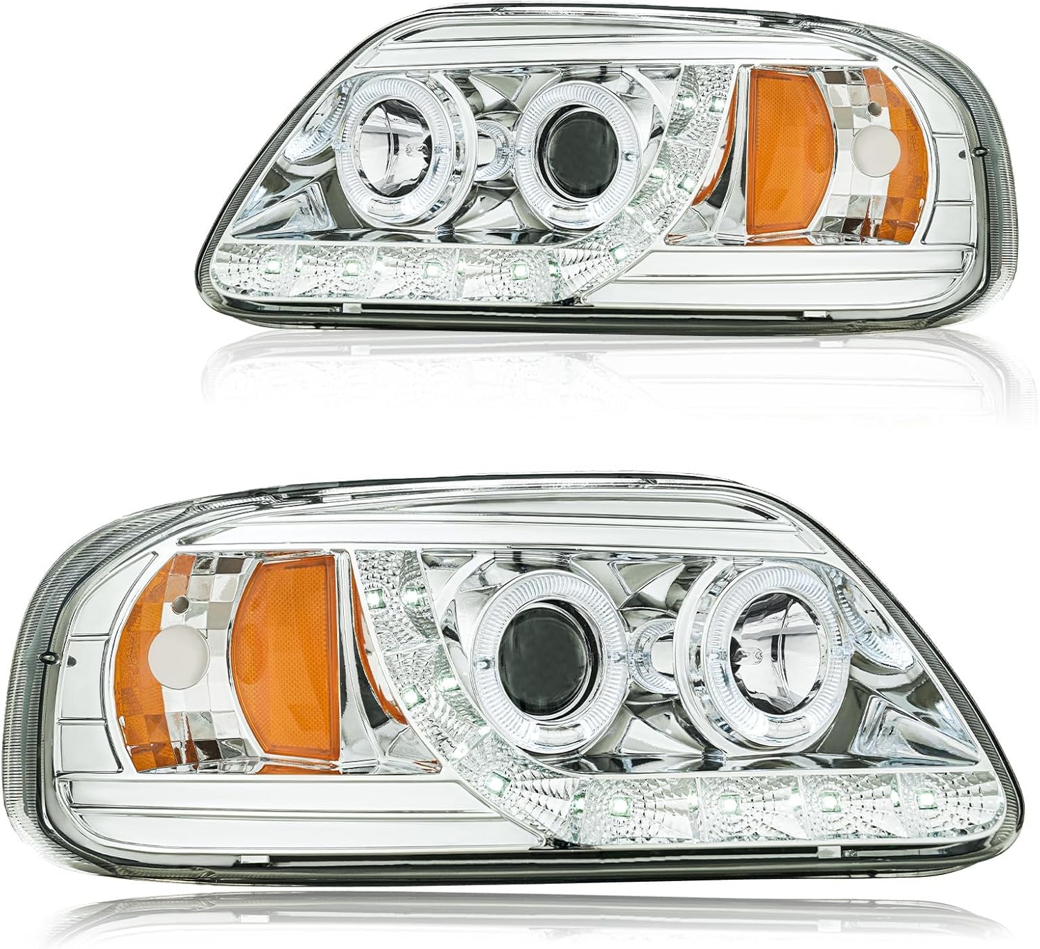 LED DRL Headlight Assembly, Headlights Kit Compatible with 1997-2004 Ford F150/1997-1999 F250, Fit 1997-2002 Ford Expedition Headlamp Replacement Chrome Housing Amber Reflector Chrome Housing Amber Reflector 1997-2004 Ford F150